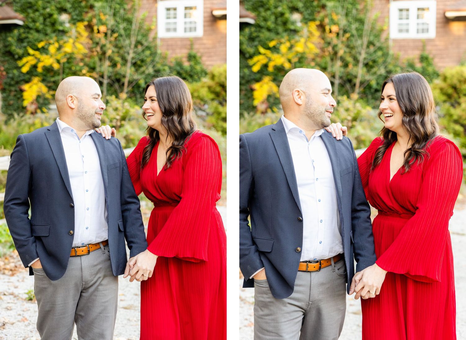 Couple sharing loving glances in front of house with autumn scenery in split photo composition.