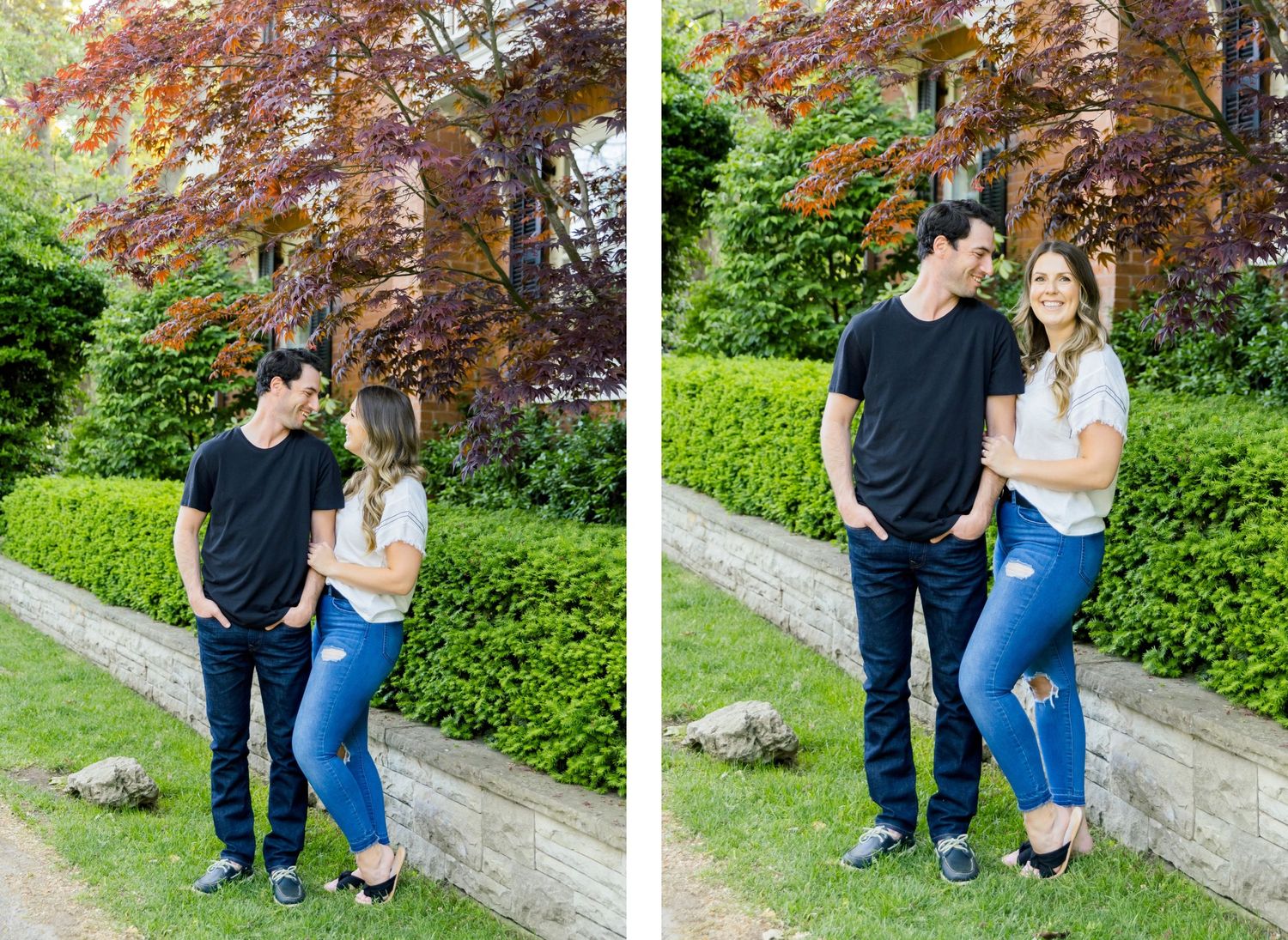 Side-by-side outdoor portraits of a couple posing casually against a backdrop of colorful foliage.