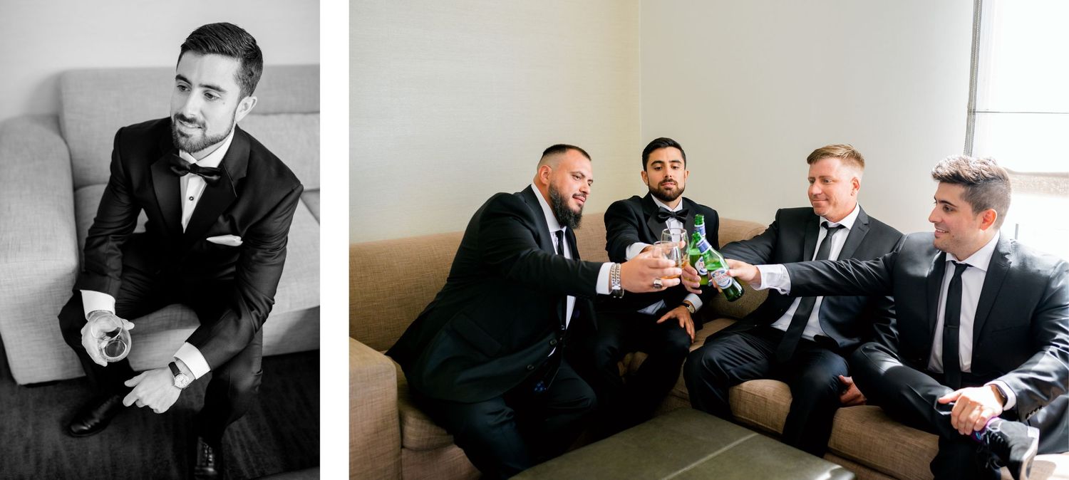 Wedding party members relaxing and sharing drinks before ceremony.