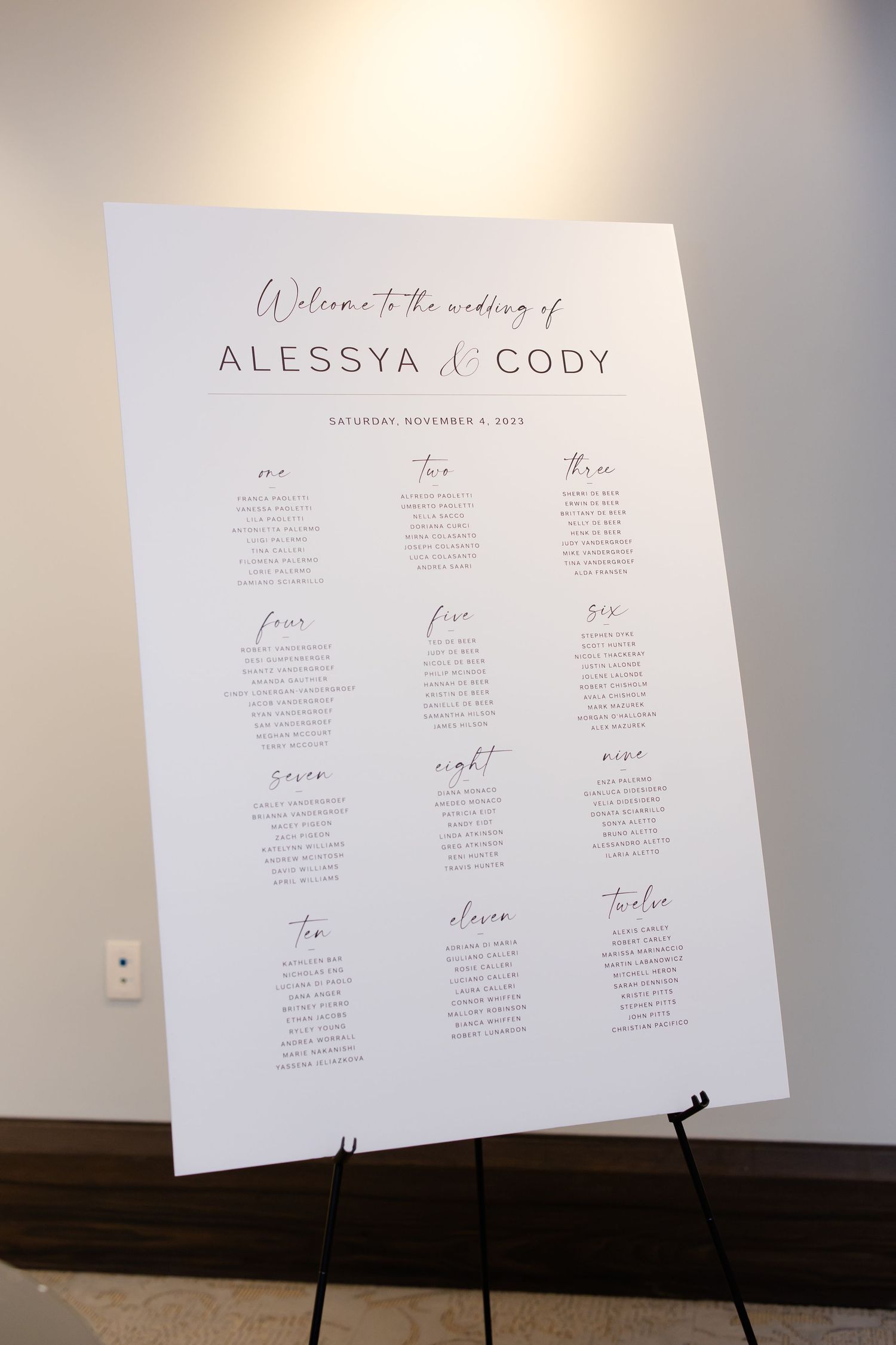 Elegant wedding seating chart display for Alessya and Cody's reception mounted on an easel.