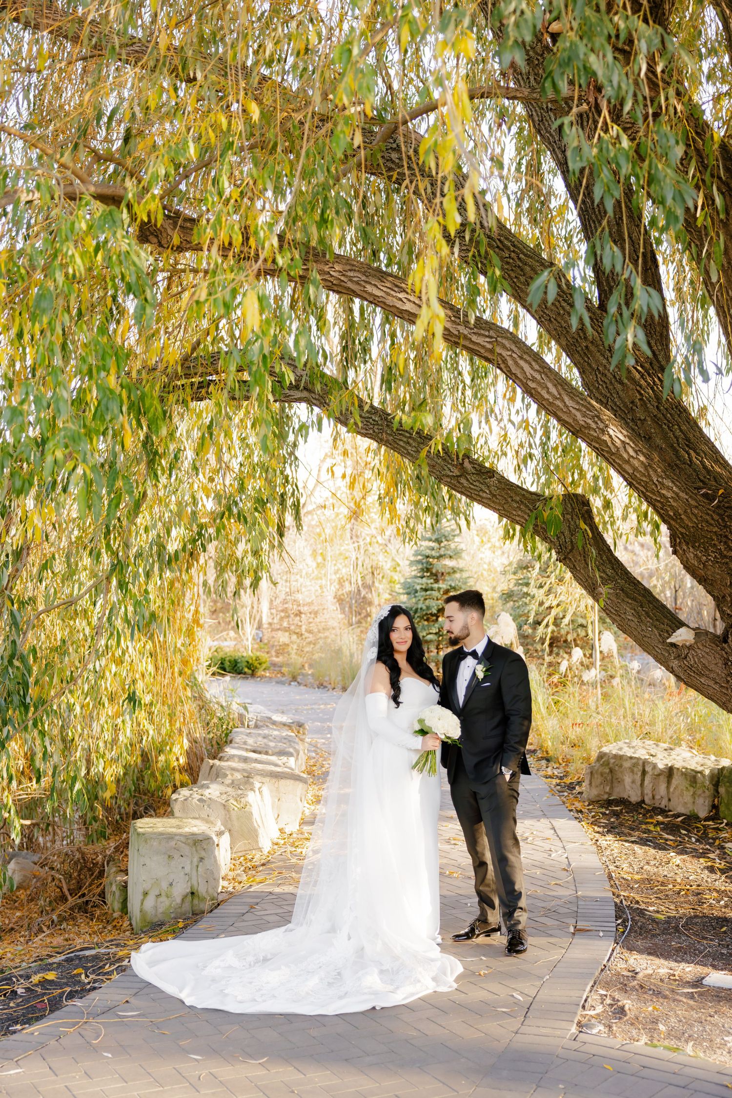 Elegant wedding portrait beneath a willow tree with golden autumn leaves.