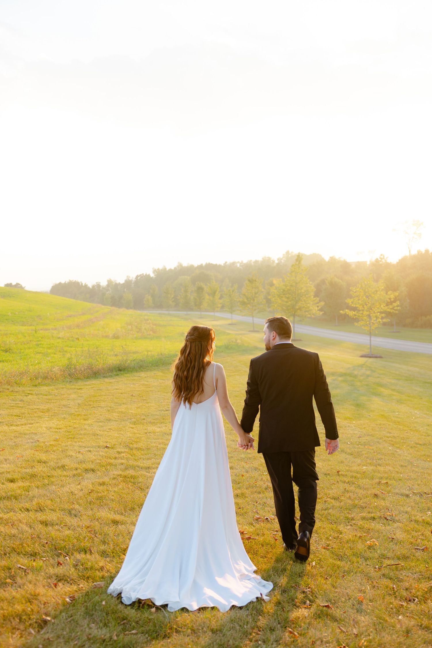 A couple in wedding attire walks hand in hand across a sunlit hilltop with trees in the background.