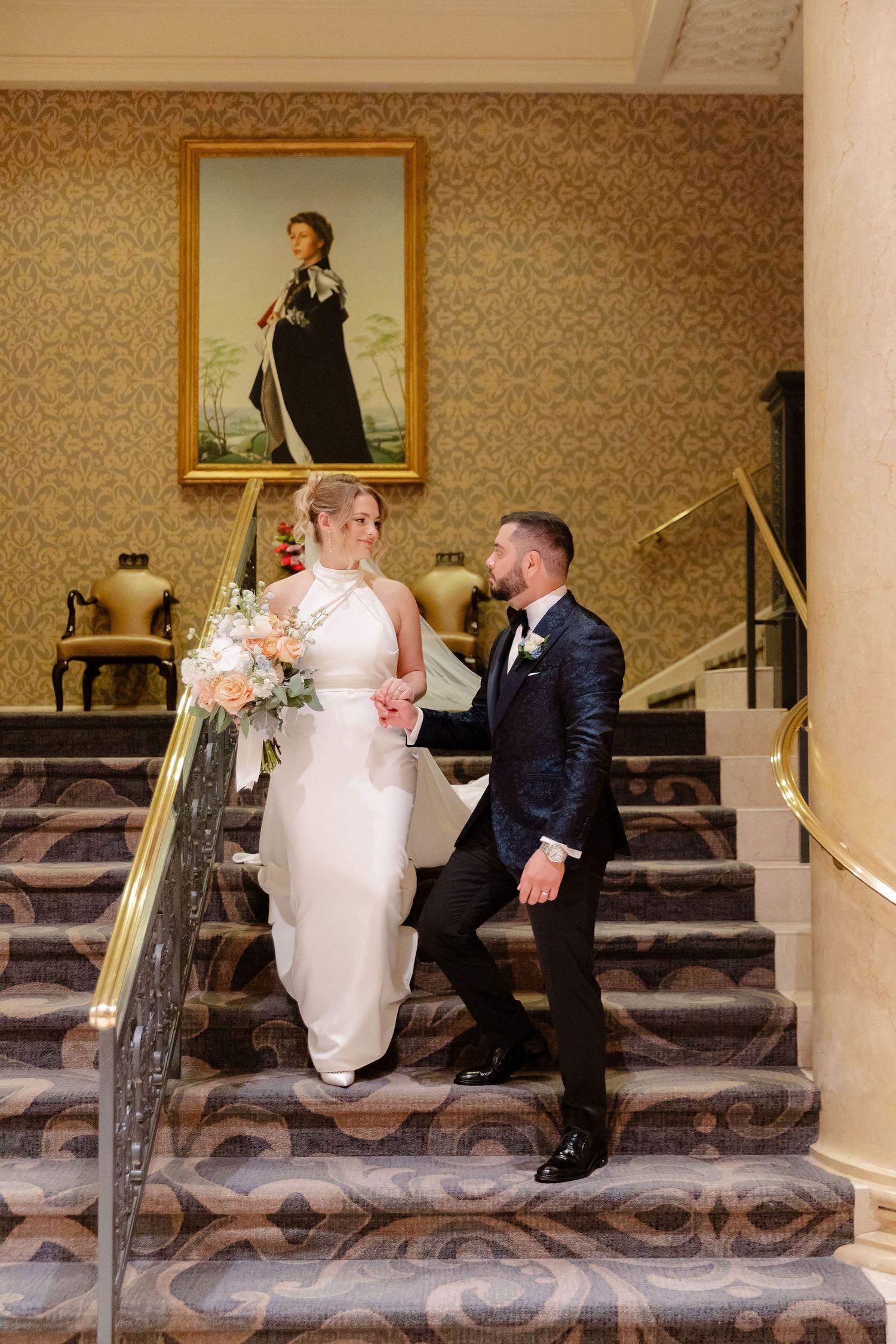 A romantic wedding photo sequence showing a couple on elegant carpeted stairs with a patterned wallpaper backdrop.