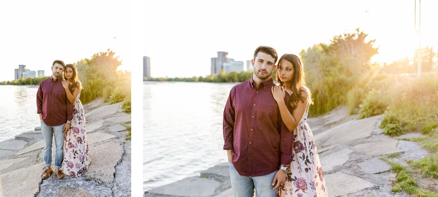 Two sunset portraits of couple on waterfront path with cityscape in background.