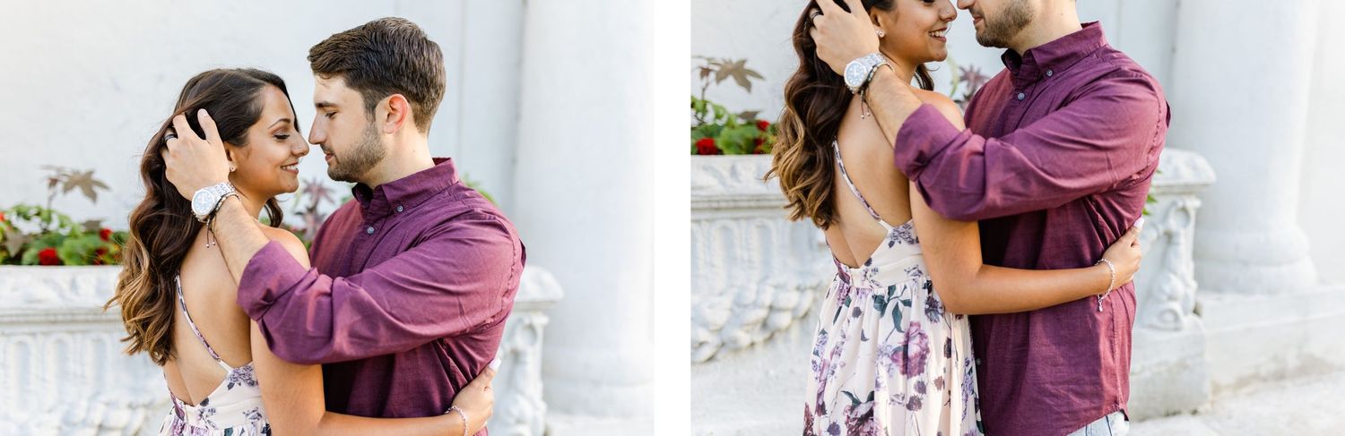Tender moment between couple in coordinated purple and floral outfits.