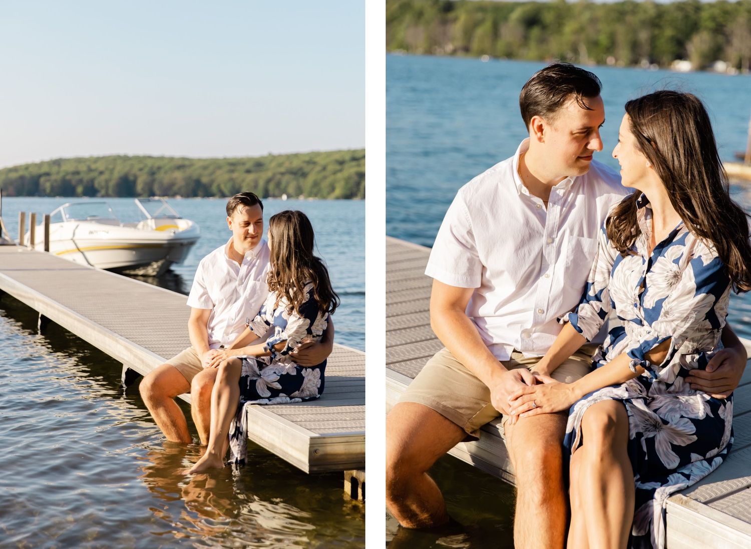 Romantic couple sits on wooden dock by lake during summer photoshoot.