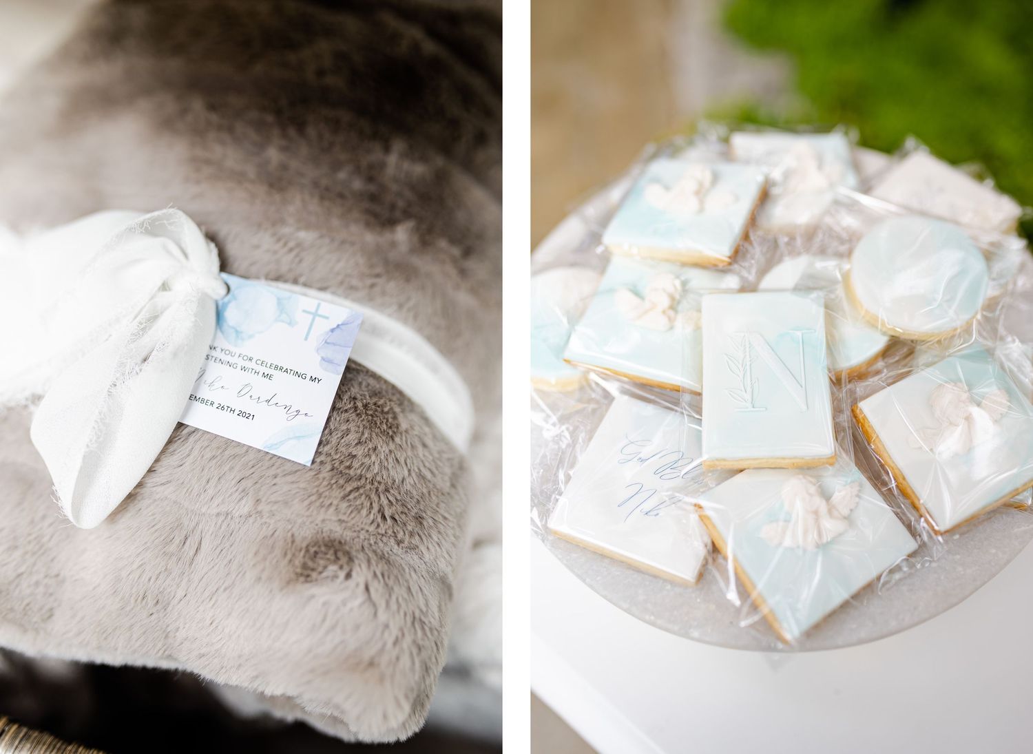 White and light blue decorated favor boxes arranged on a display plate.