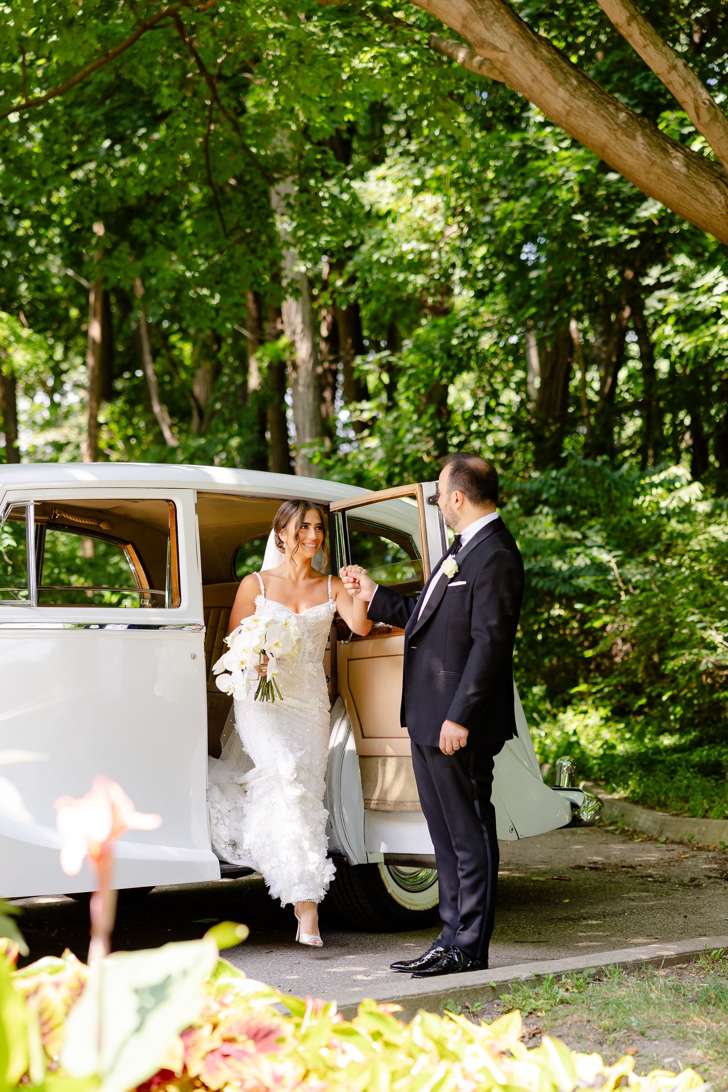 A classic vintage white car parked under lush green trees serves as an elegant backdrop on a sunny summer day.