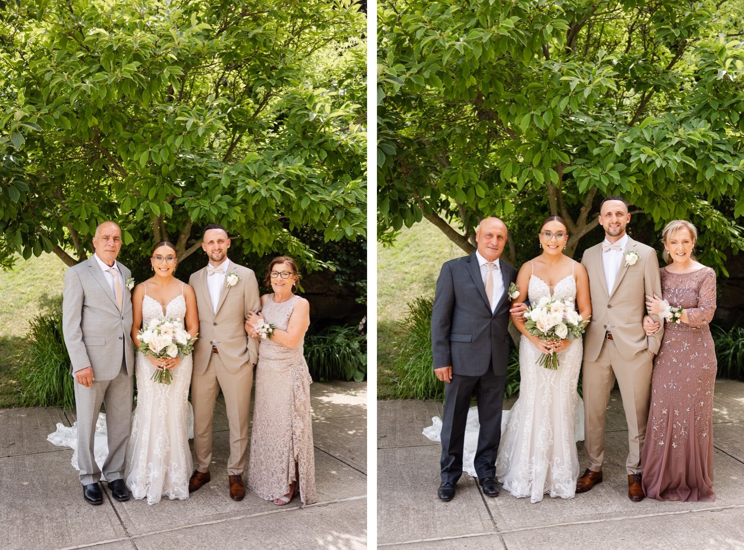 Wedding party portraits taken outdoors with neutral-toned attire against green foliage backdrop.