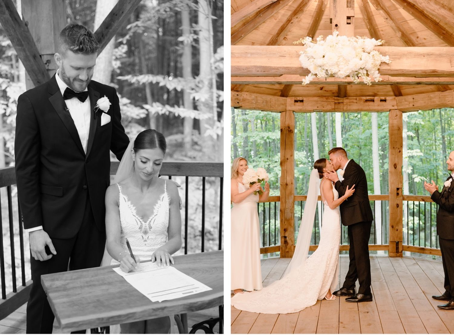 Marriage ceremony and document signing in a beautiful wooden gazebo with chandelier.