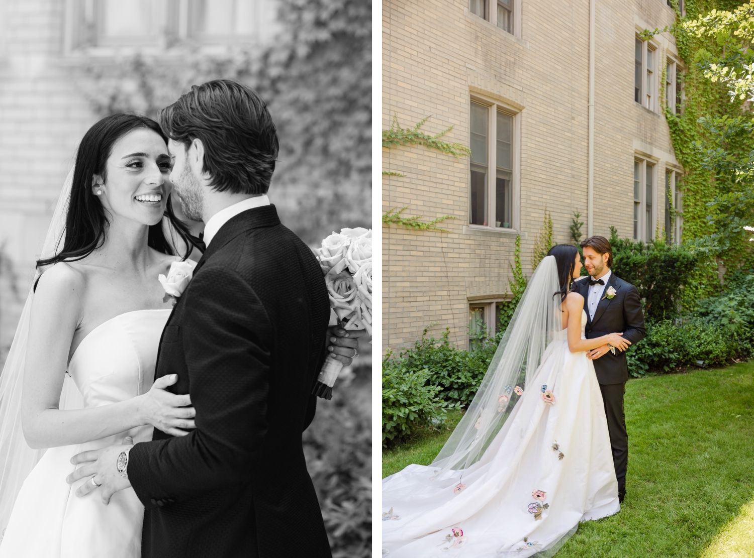 Wedding couple portraits showing intimate moments against an ivy-covered stone building.