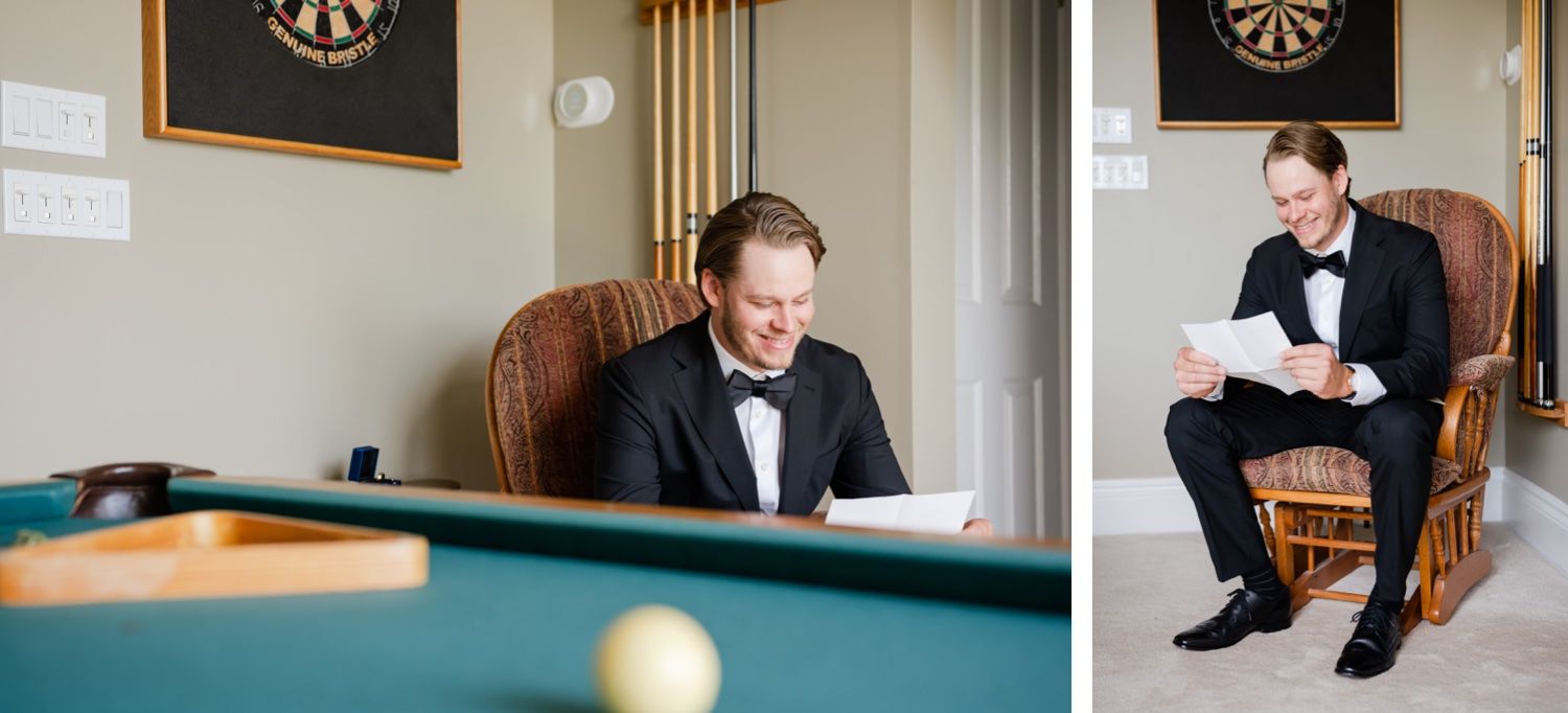Person in tuxedo reading while sitting in rocking chair next to pool table.