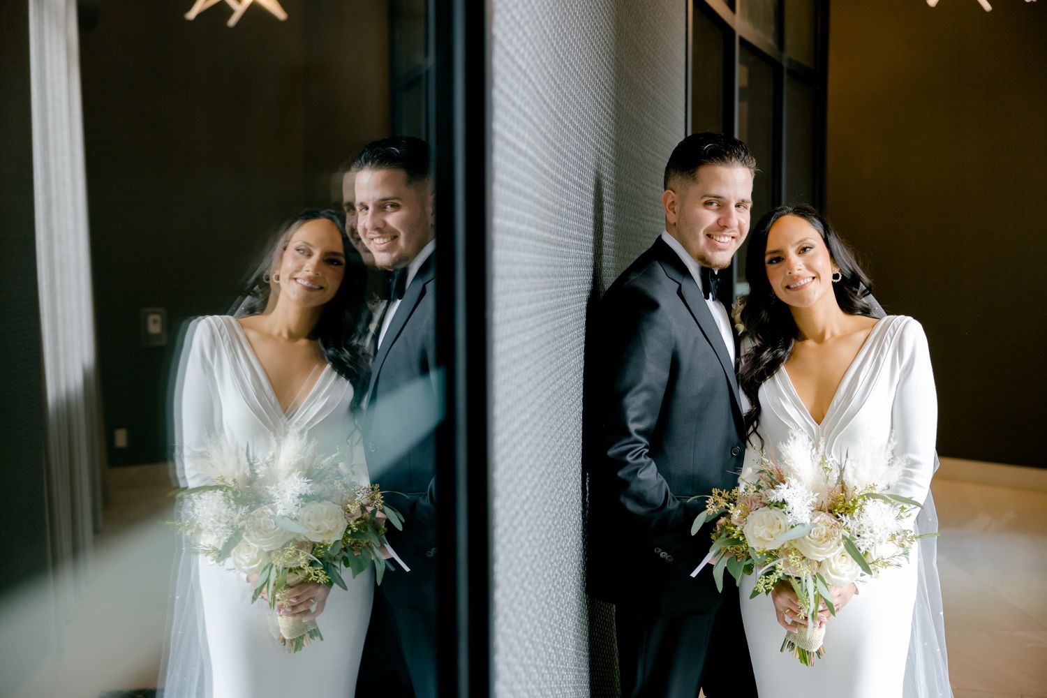 Split-frame wedding portrait captures romantic moments between newlyweds in modern setting.