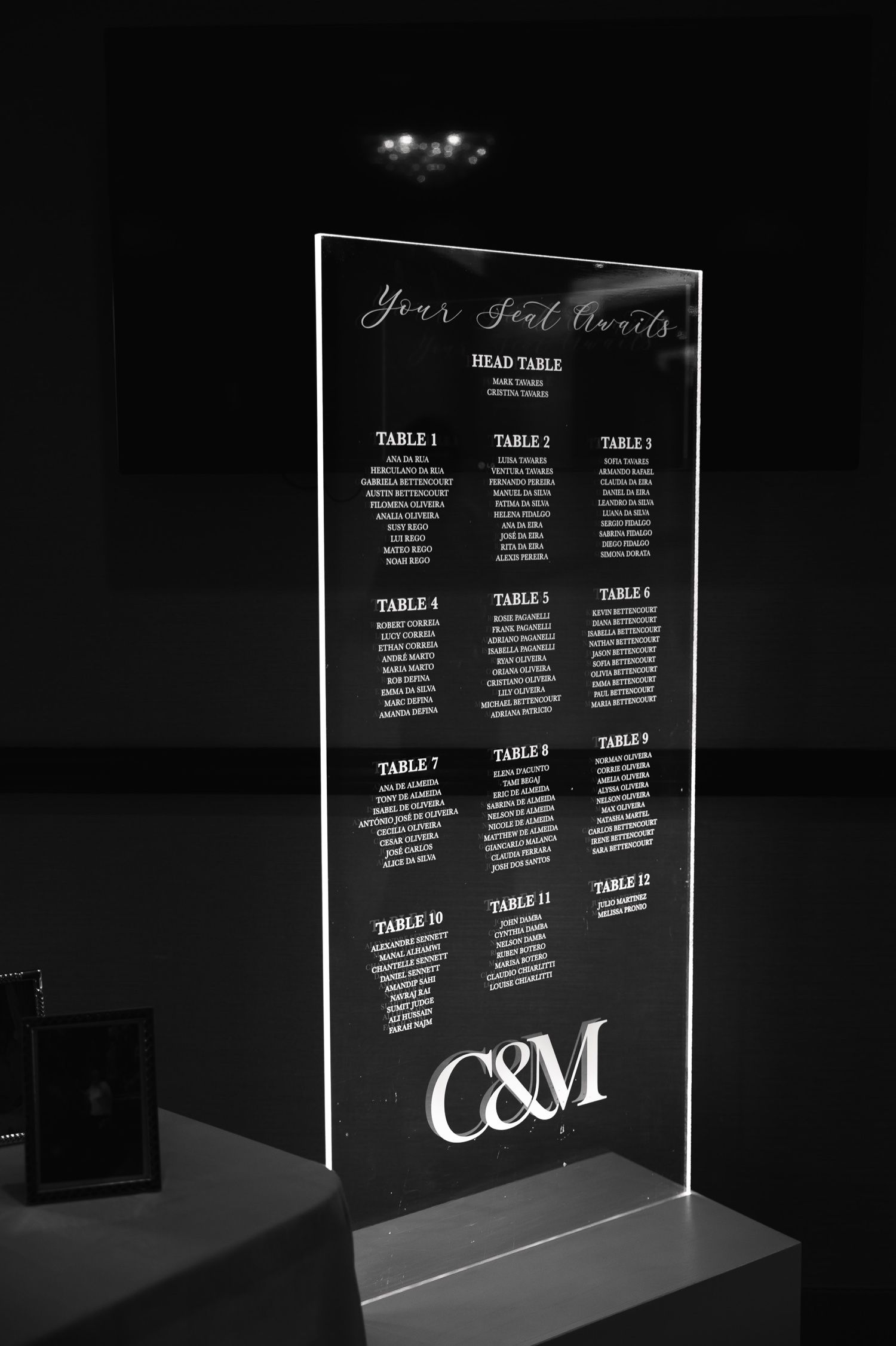 Elegant wedding seating chart display board with table assignments and C&M monogram in black and white.