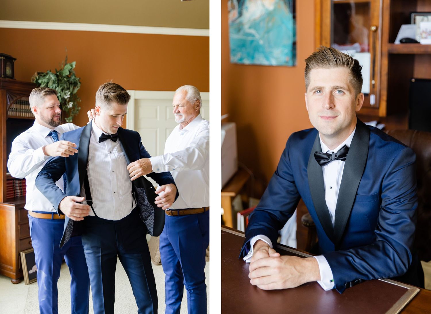 Wedding party preparations with groomsmen getting ready in formal attire.