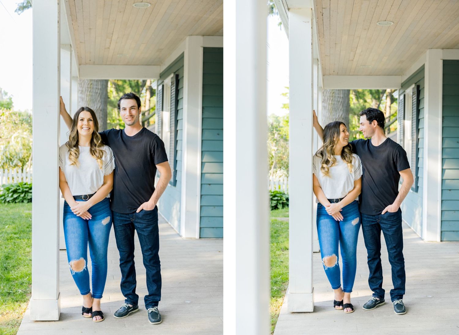 Two shots of a couple standing together on a covered porch of a green house.