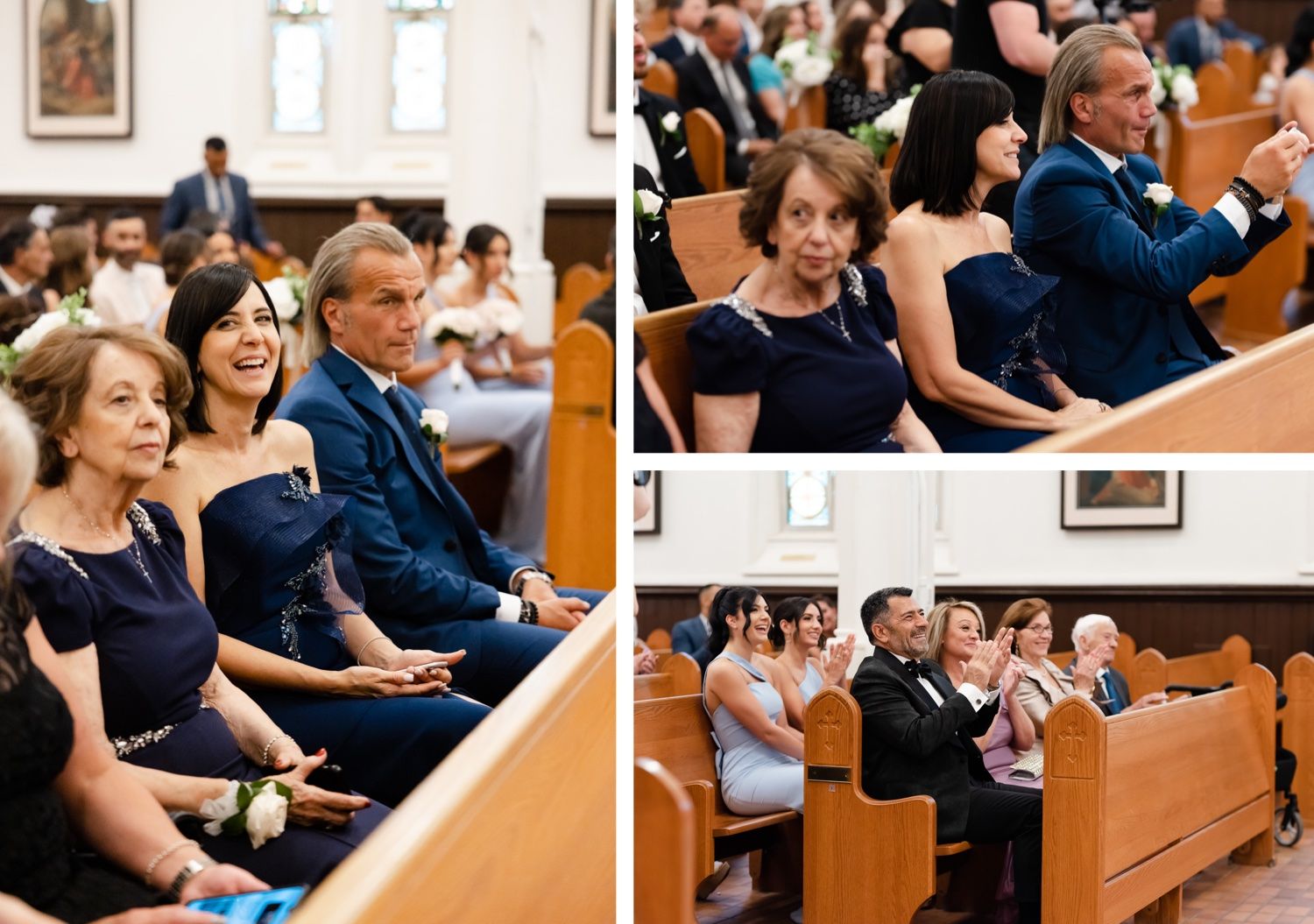 Wedding guests sit in wooden church pews during a ceremony wearing navy blue and formal attire.