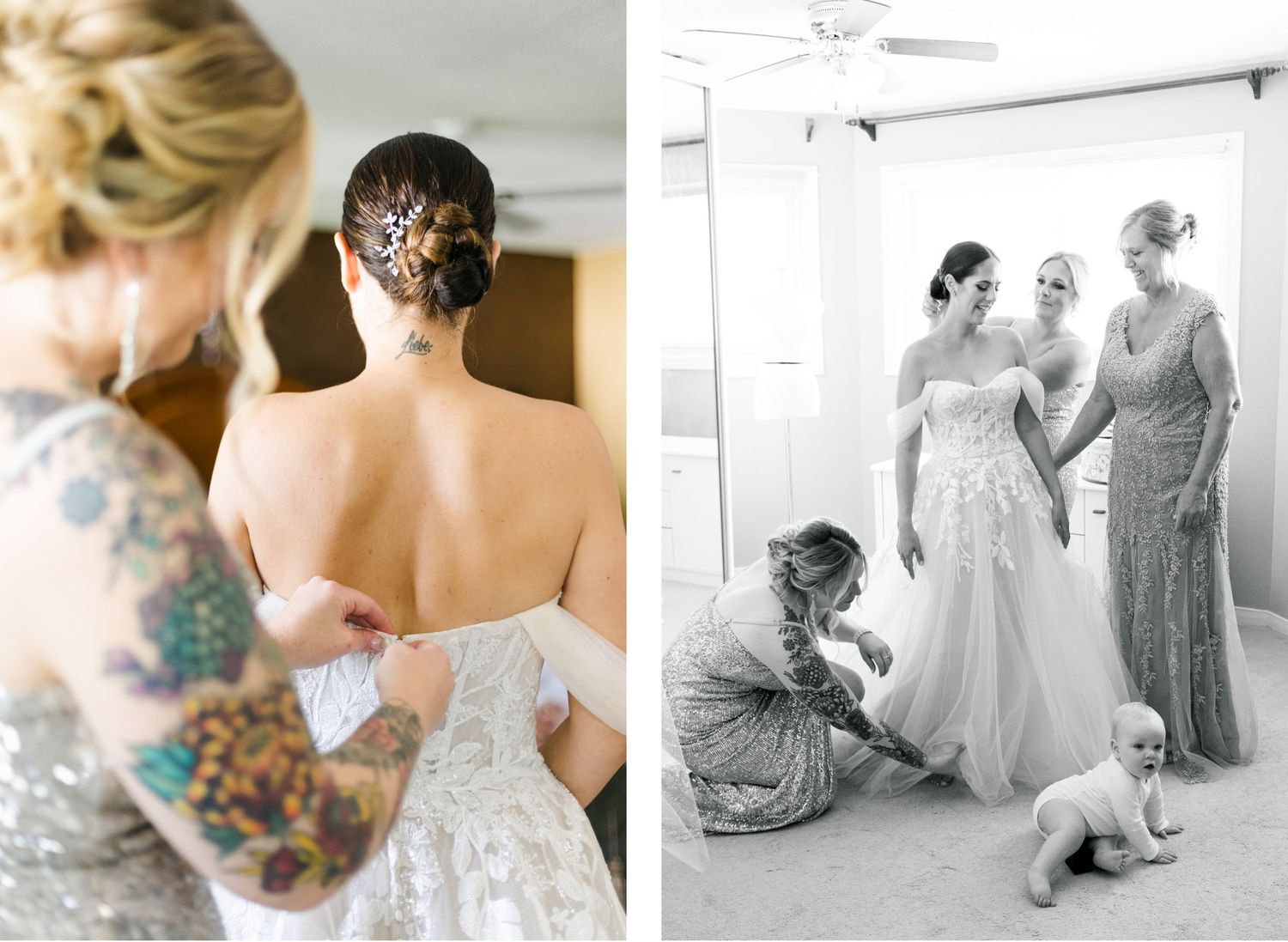 Getting ready moments during wedding preparations with romantic black and white details.