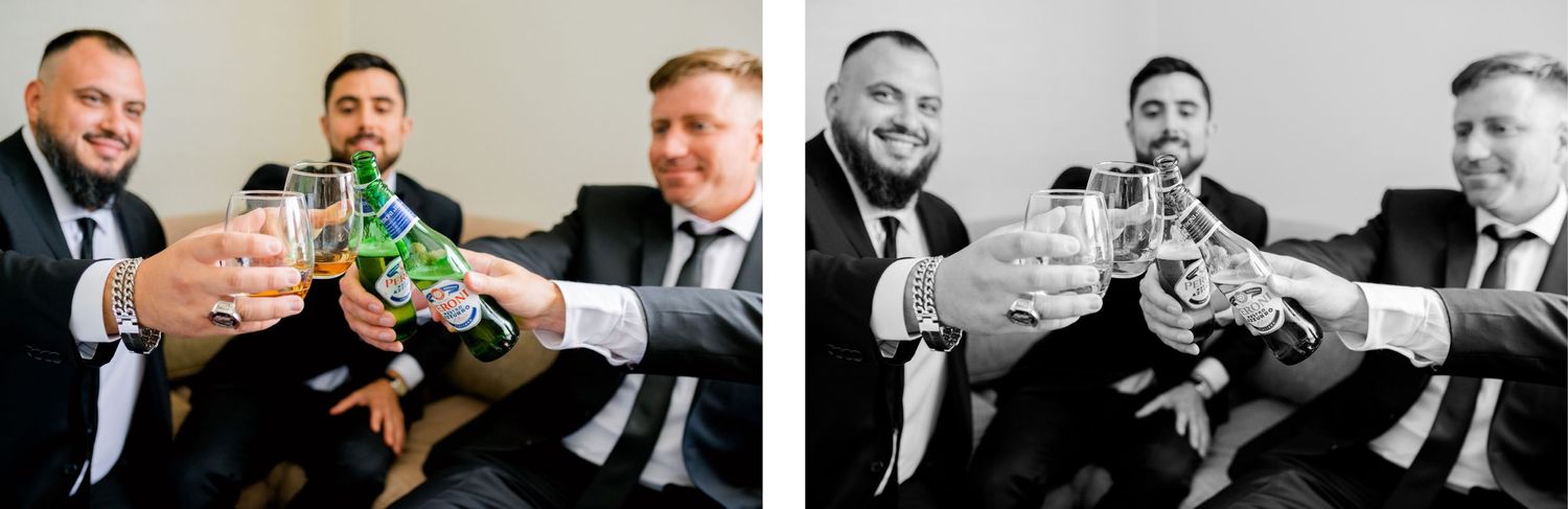 Groomsmen in formal attire toast with beer bottles in both color and black and white shots.