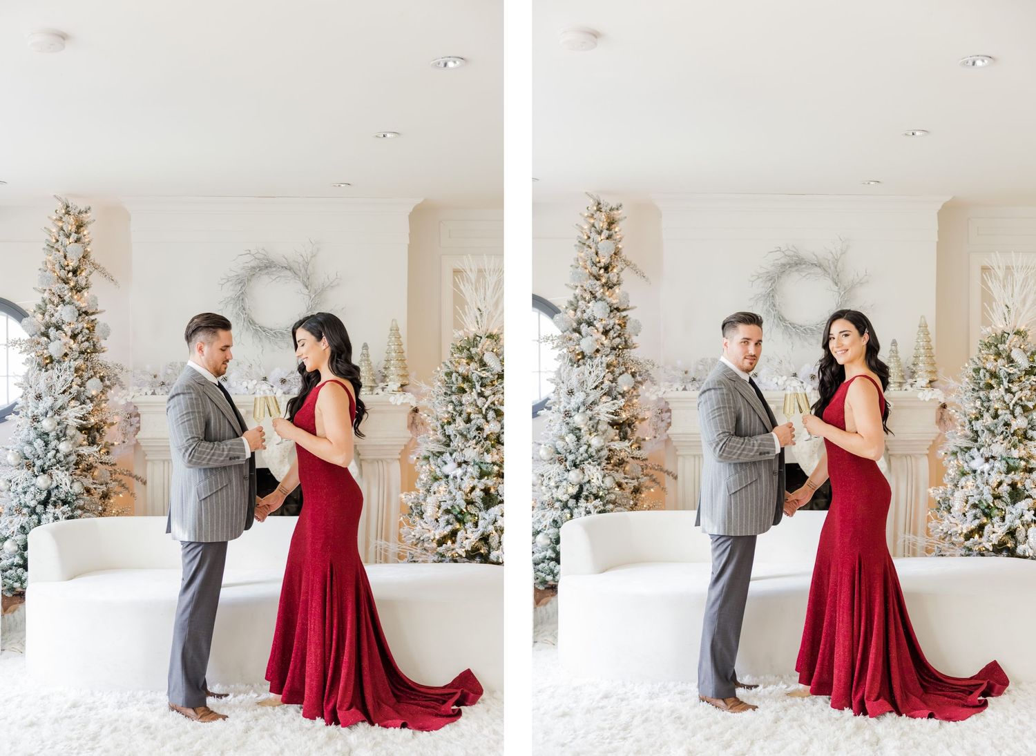 Formal couple photos in red and grey against white Christmas trees and holiday decorations.