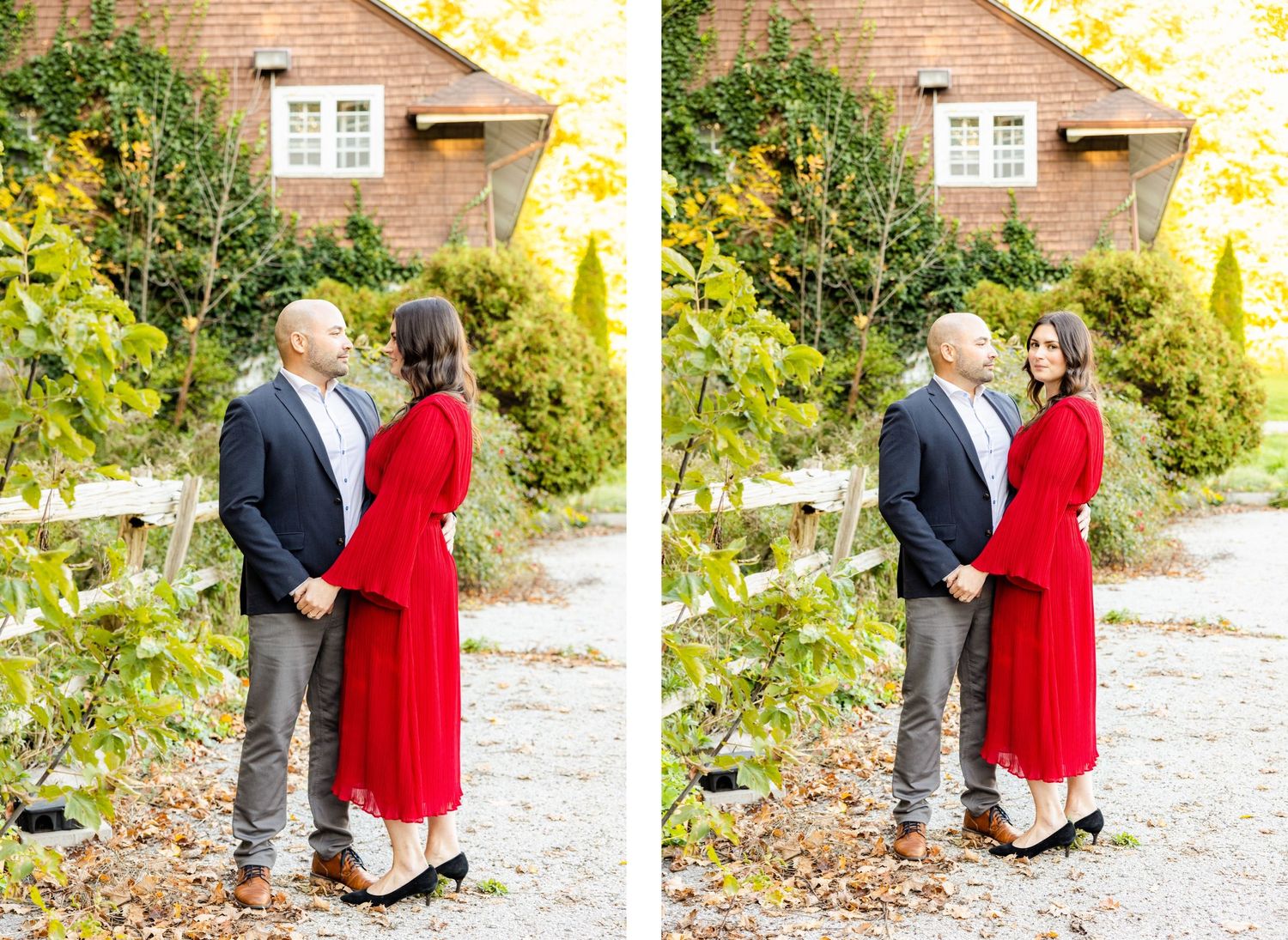 Side by side comparison of romantic couple poses on garden path with brick house backdrop.
