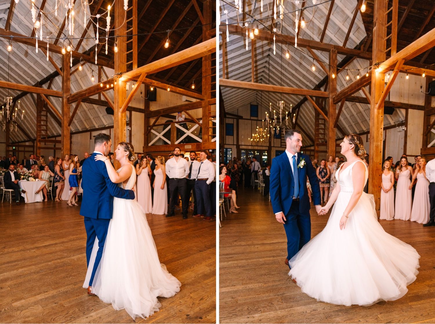 Wedding couple shares first dance in rustic wooden barn venue.