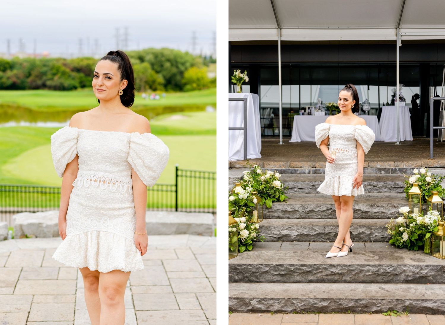 Fashion photography at an outdoor venue showcasing a white contemporary dress design.