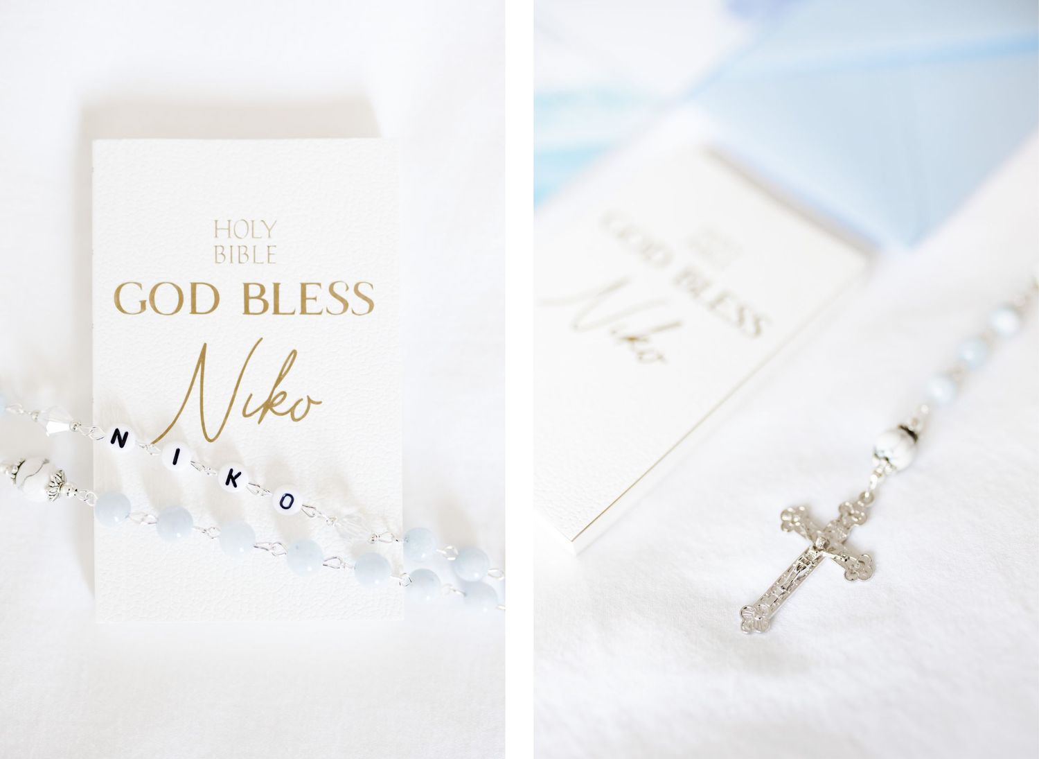 Baptism celebration card with gold 'God Bless' text and a delicate silver cross on a white background.