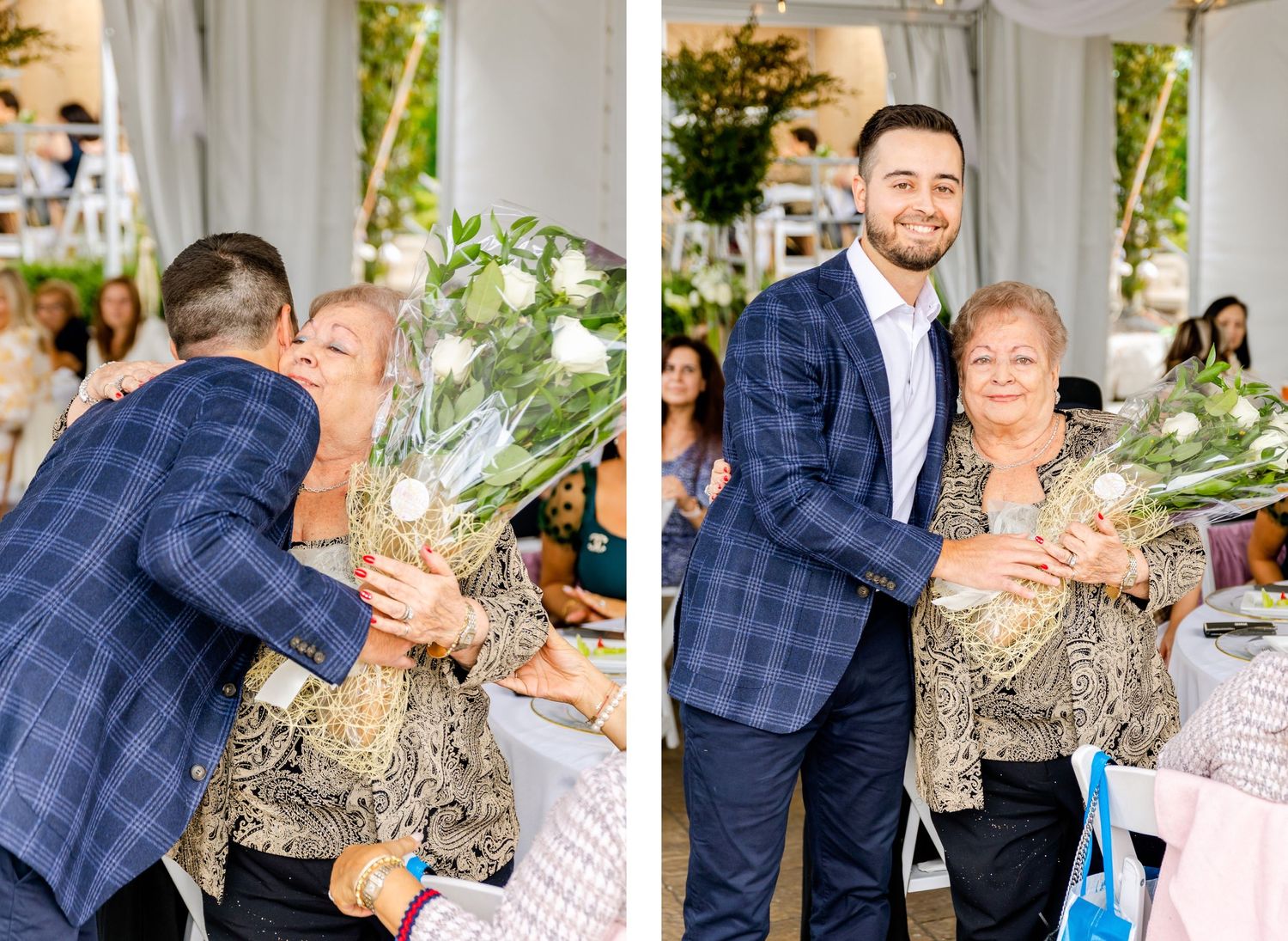 Party attendees sharing flowers and embraces at an outdoor celebration.