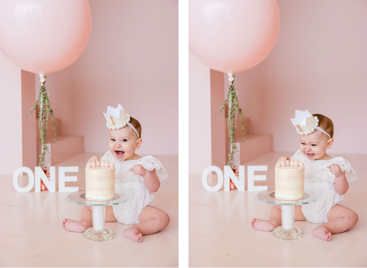 Side-by-side cake smash photos showing sweet first birthday moments in pink.