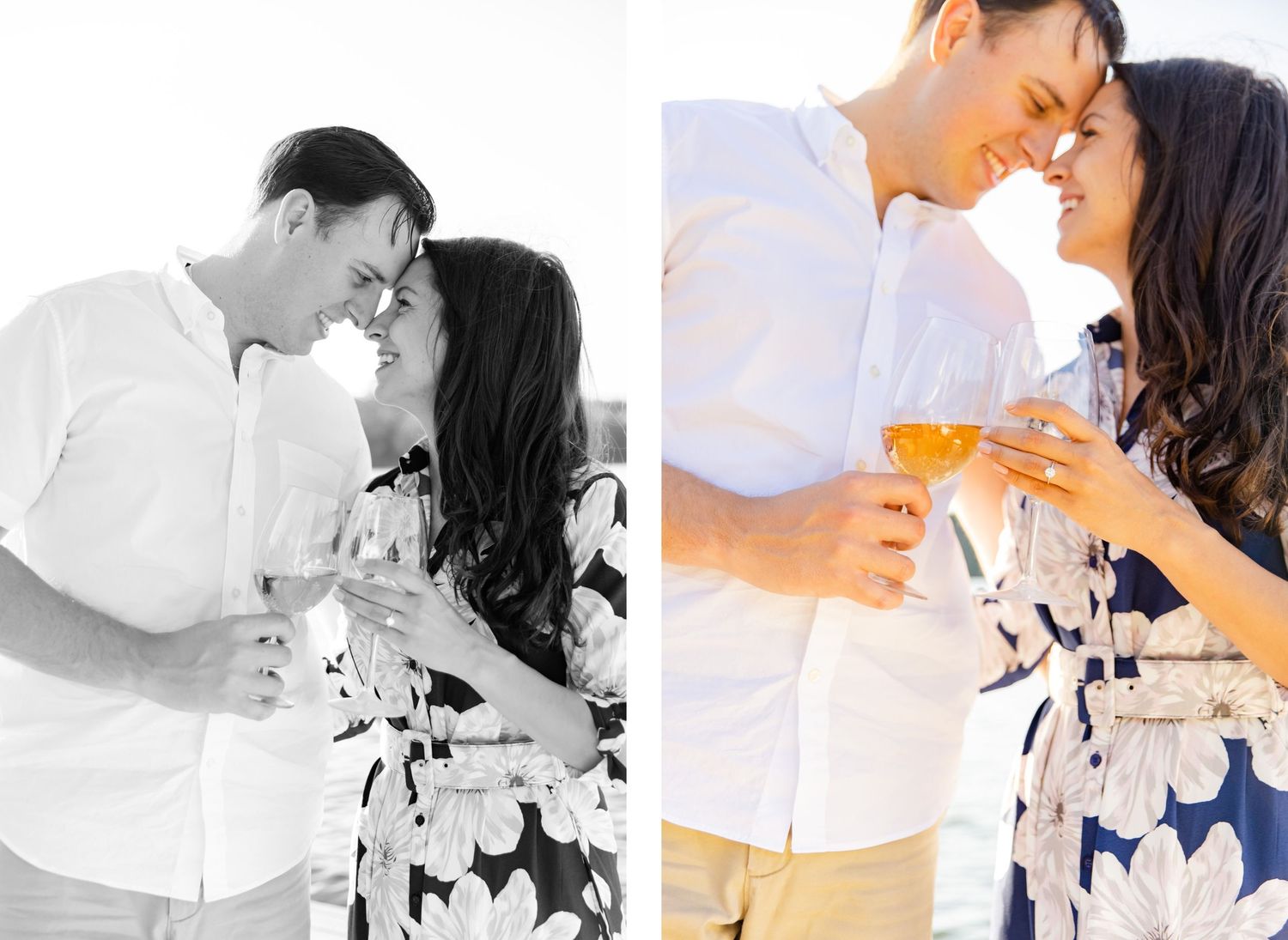 Romantic couple sharing intimate moment while holding wine glasses in both color and black and white shots.