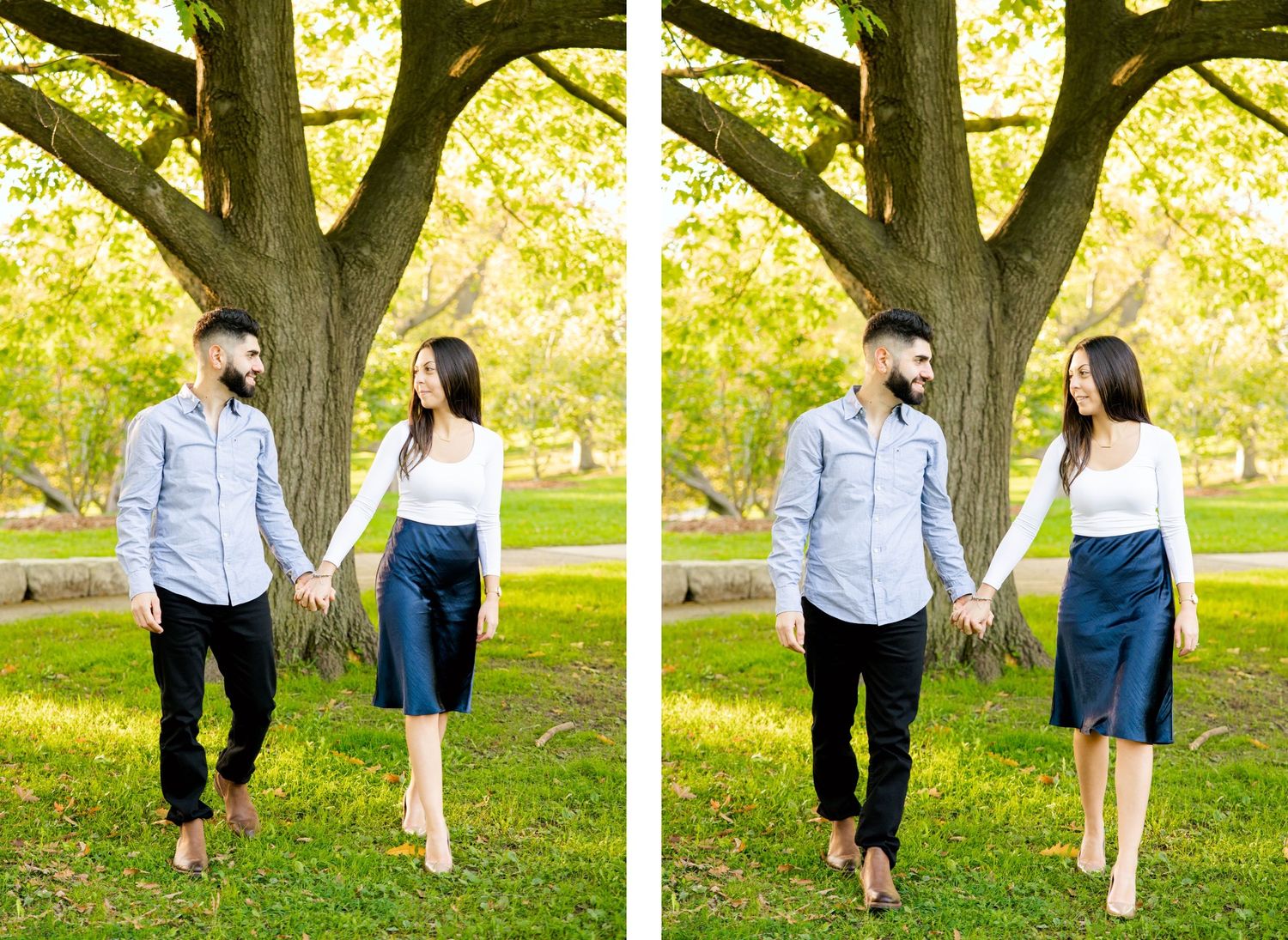 Side-by-side images of couple holding hands while walking in sunny park.