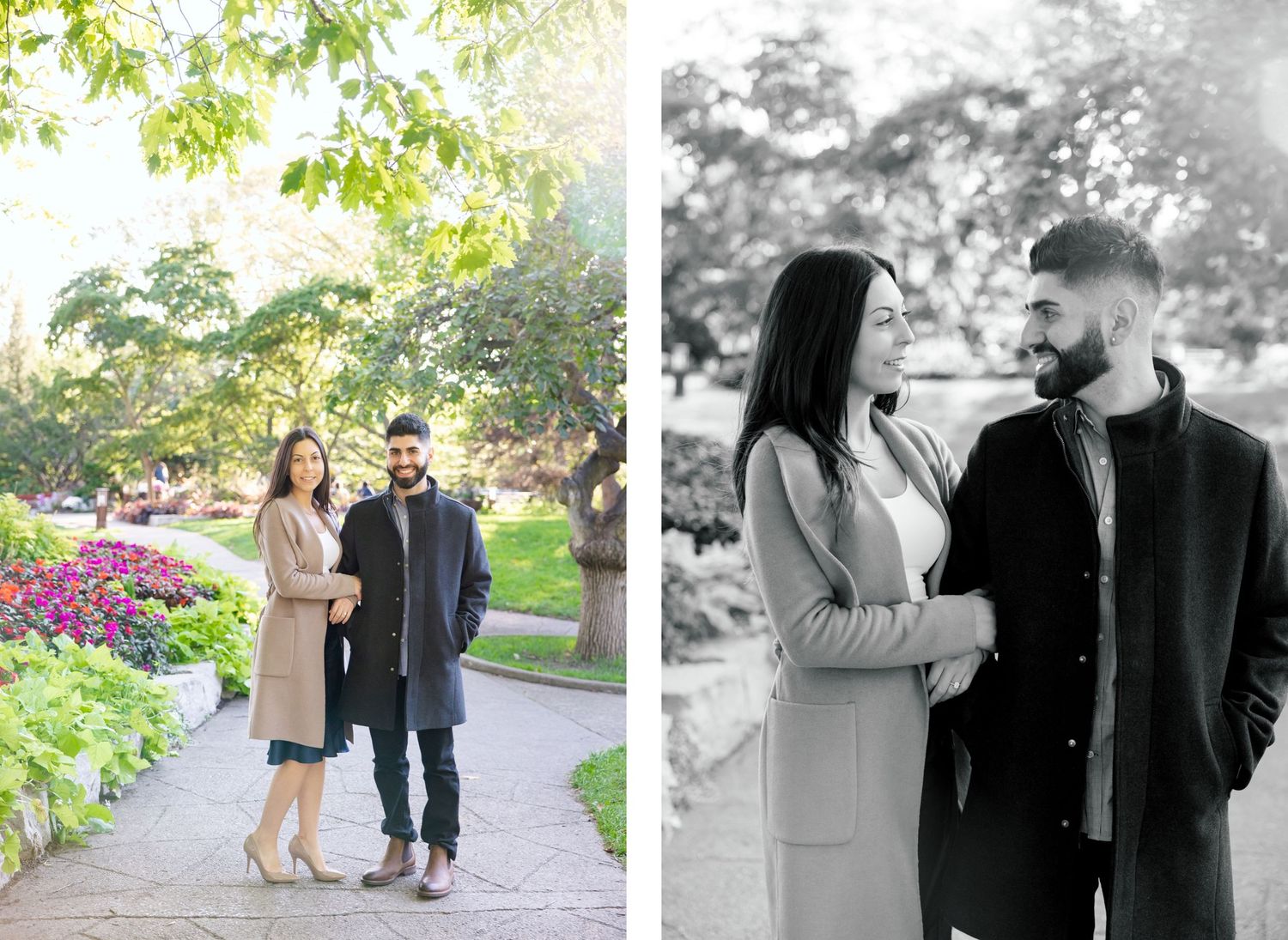 A couple poses in a garden path setting shown in both color and black and white photographs.