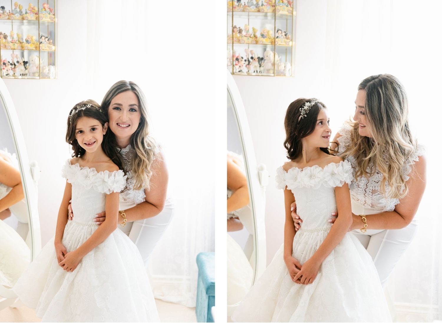 Sweet moment captured in mirror reflection during wedding dress fitting.
