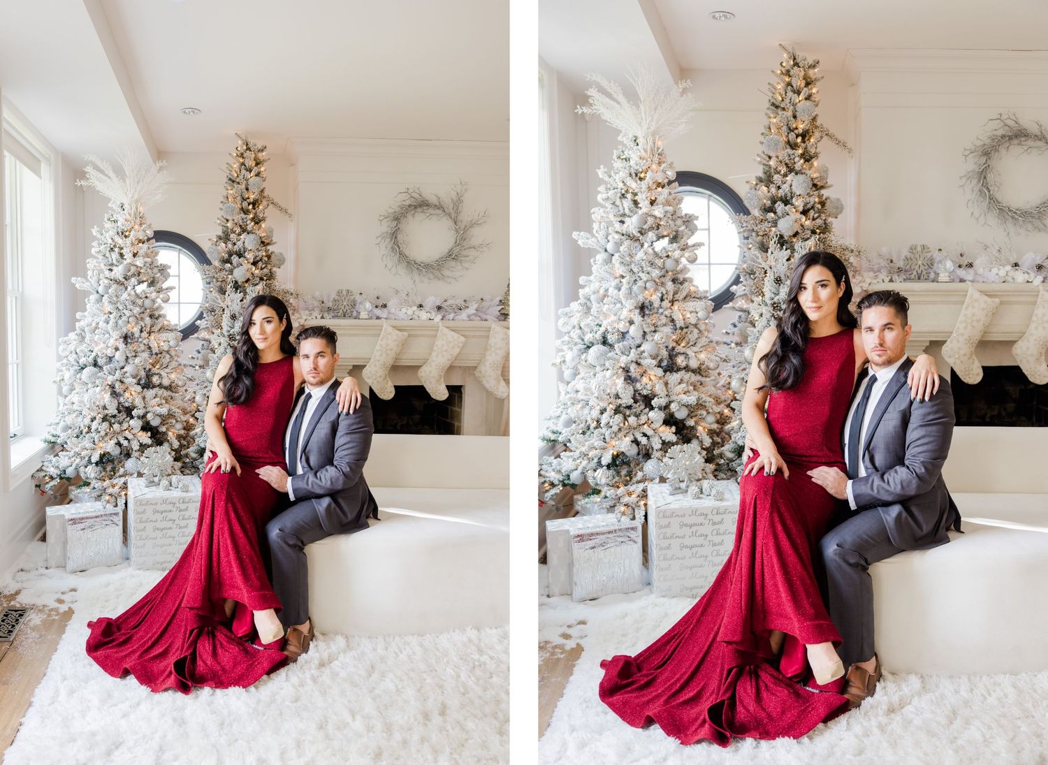 Romantic holiday photoshoot featuring couple in red and grey against white Christmas trees.