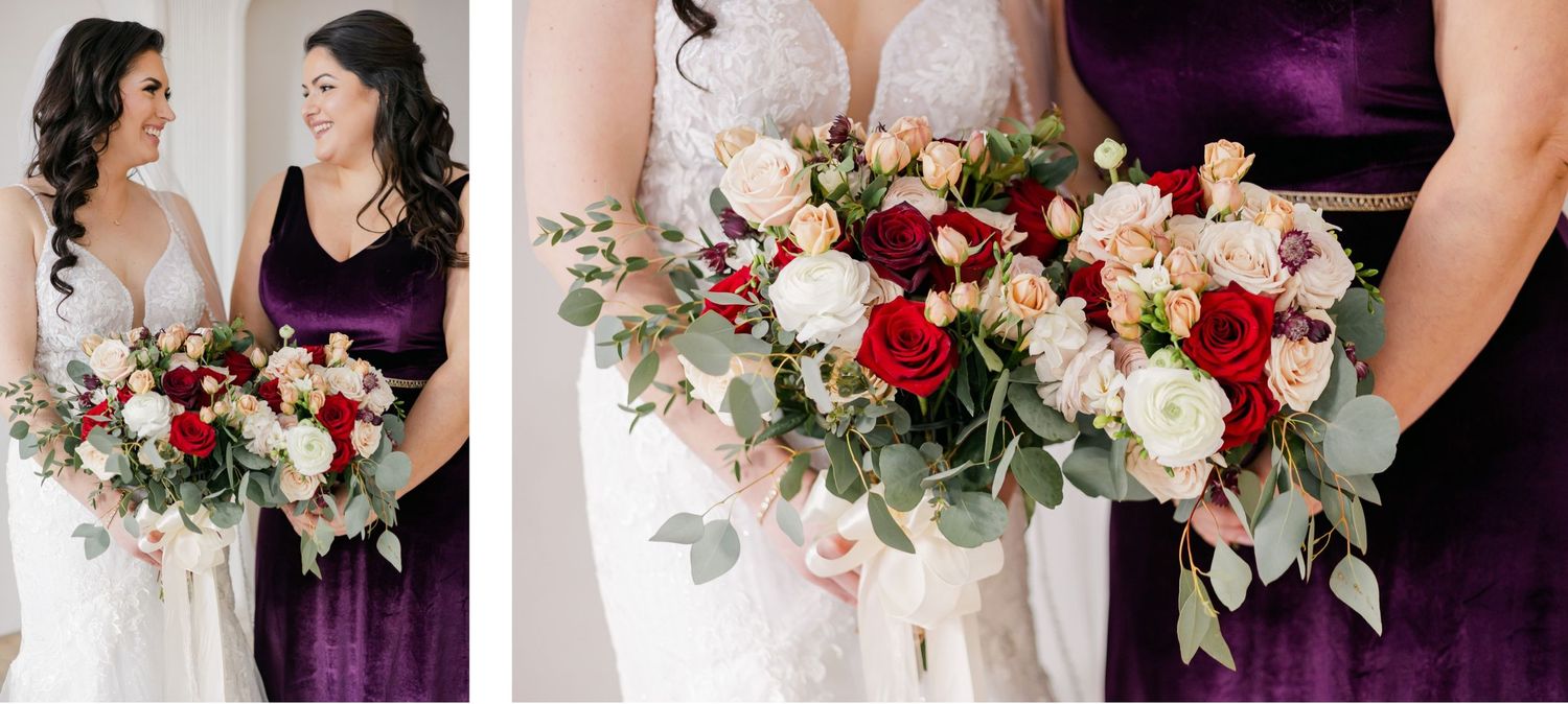 Close-up of wedding bouquets featuring burgundy and blush roses with mixed greenery.