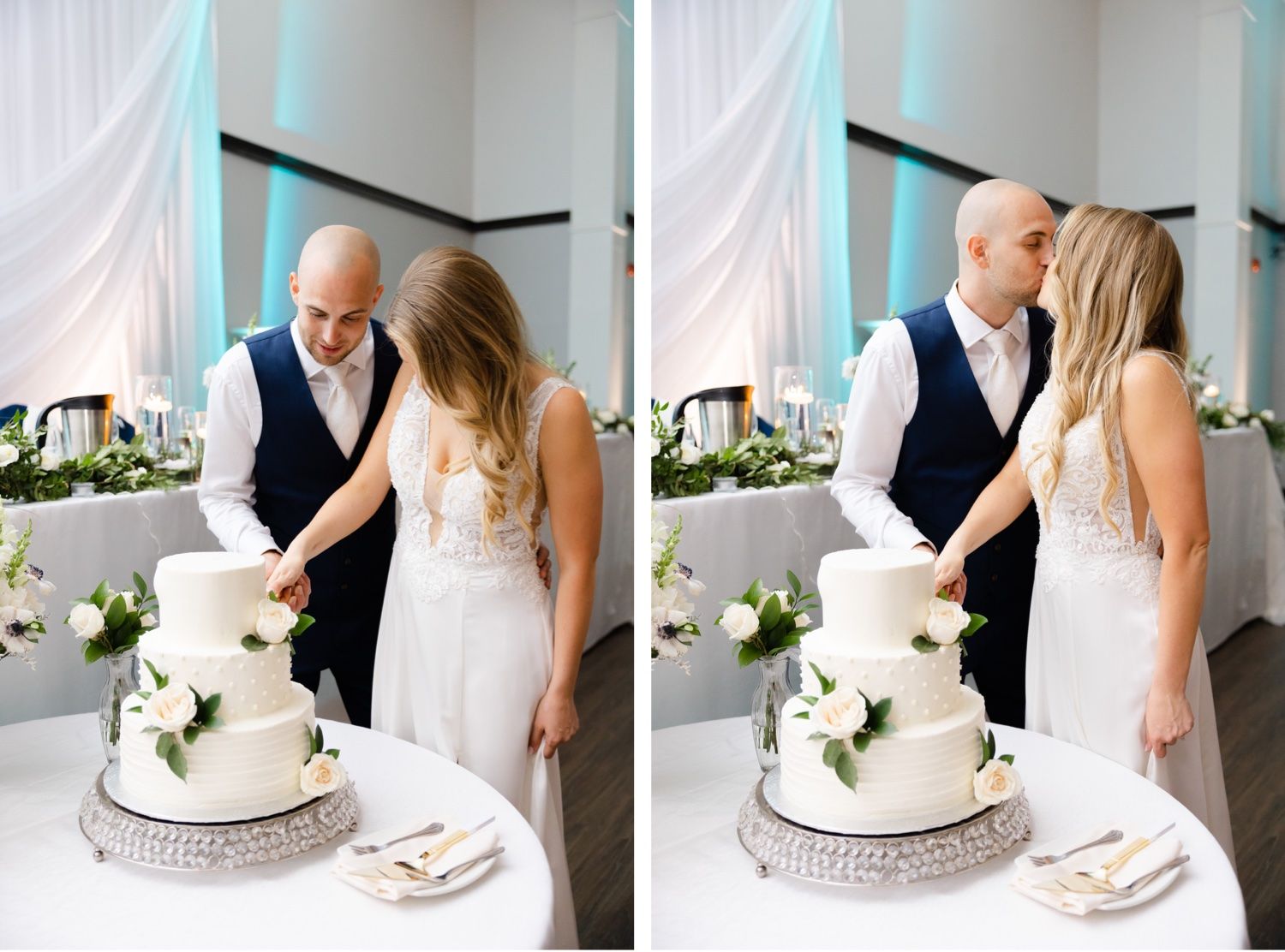 Two images of a couple sharing a moment while cutting their white tiered wedding cake.