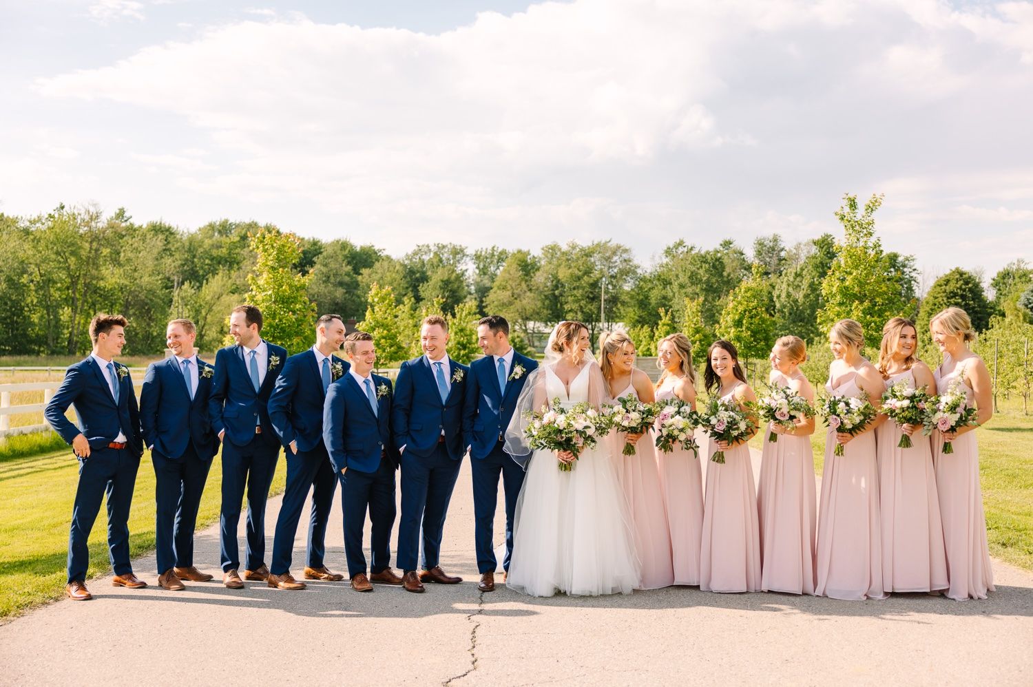Wedding party in navy blue suits and blush pink dresses poses together on a sunny outdoor path.