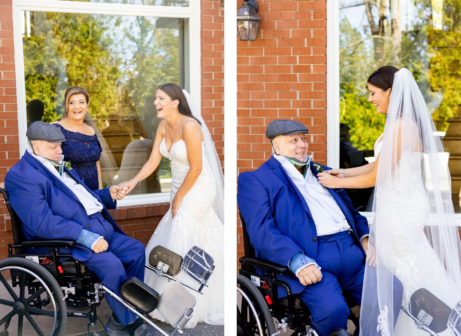 Sweet moment between bride and elderly gentleman in wheelchair wearing blue suit.