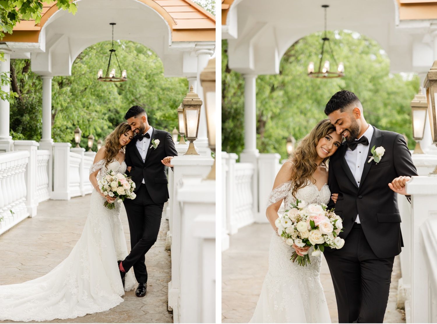 Side-by-side wedding portraits show couple's romantic interaction on classic white veranda.