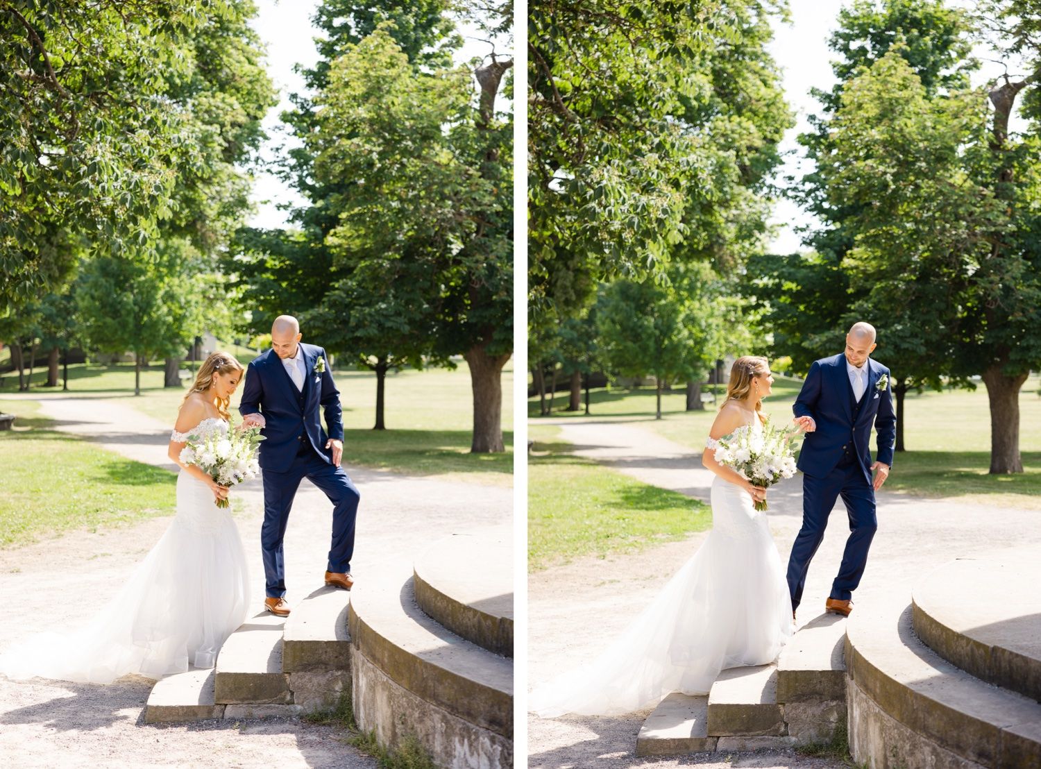 Couple posing on stone steps outdoors in dual composition wedding photos.