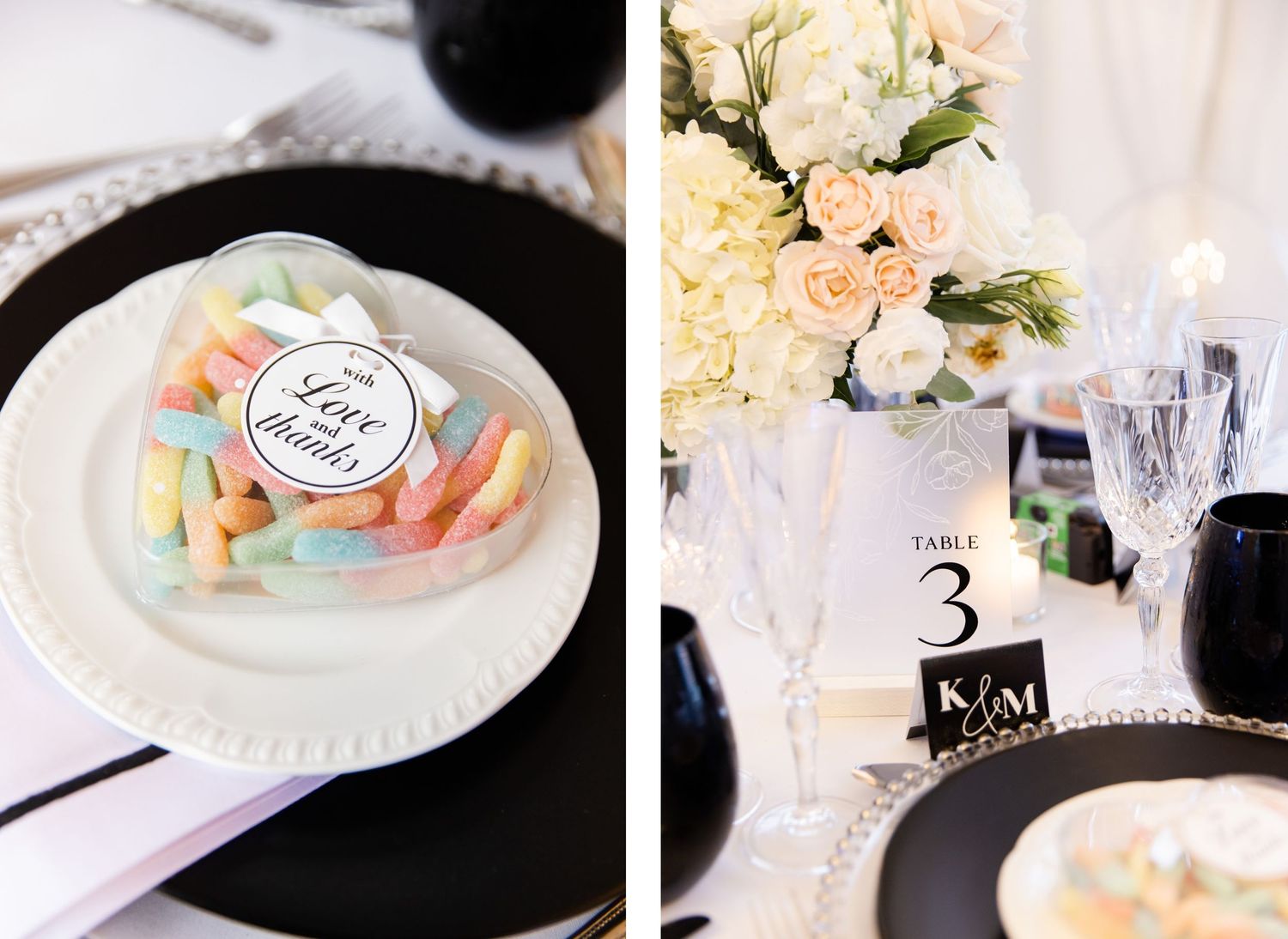 Wedding reception details with pastel candies and black and white table settings.
