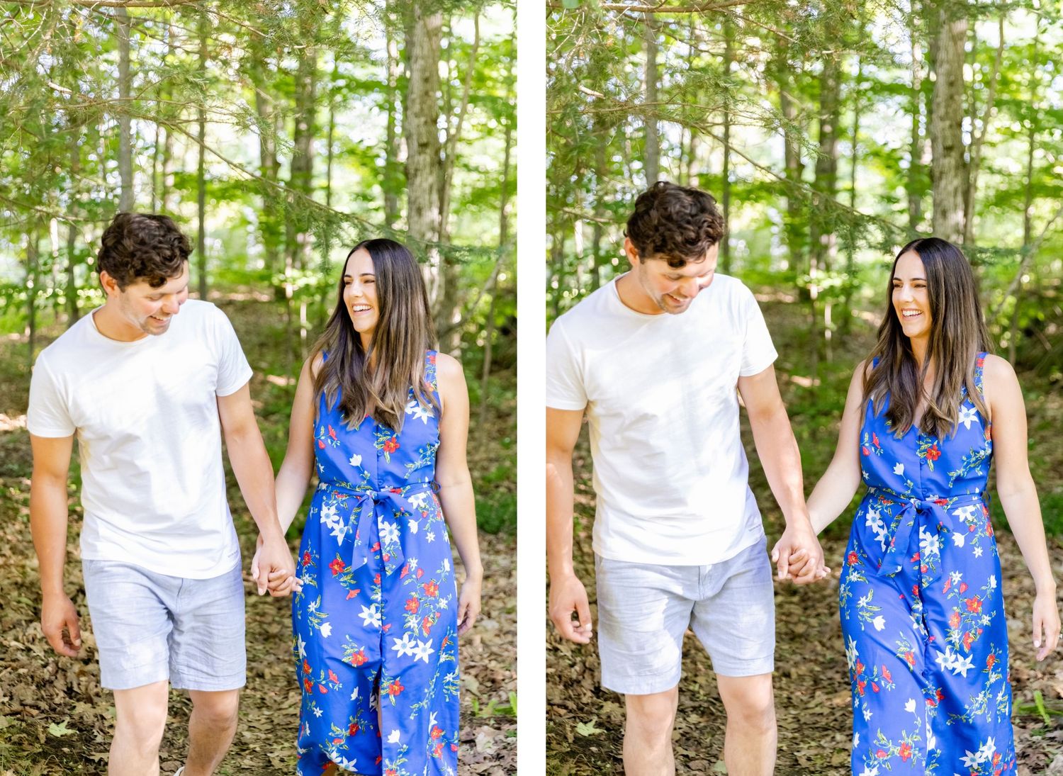 Side-by-side forest portraits of couple in coordinated white and blue summer outfits.
