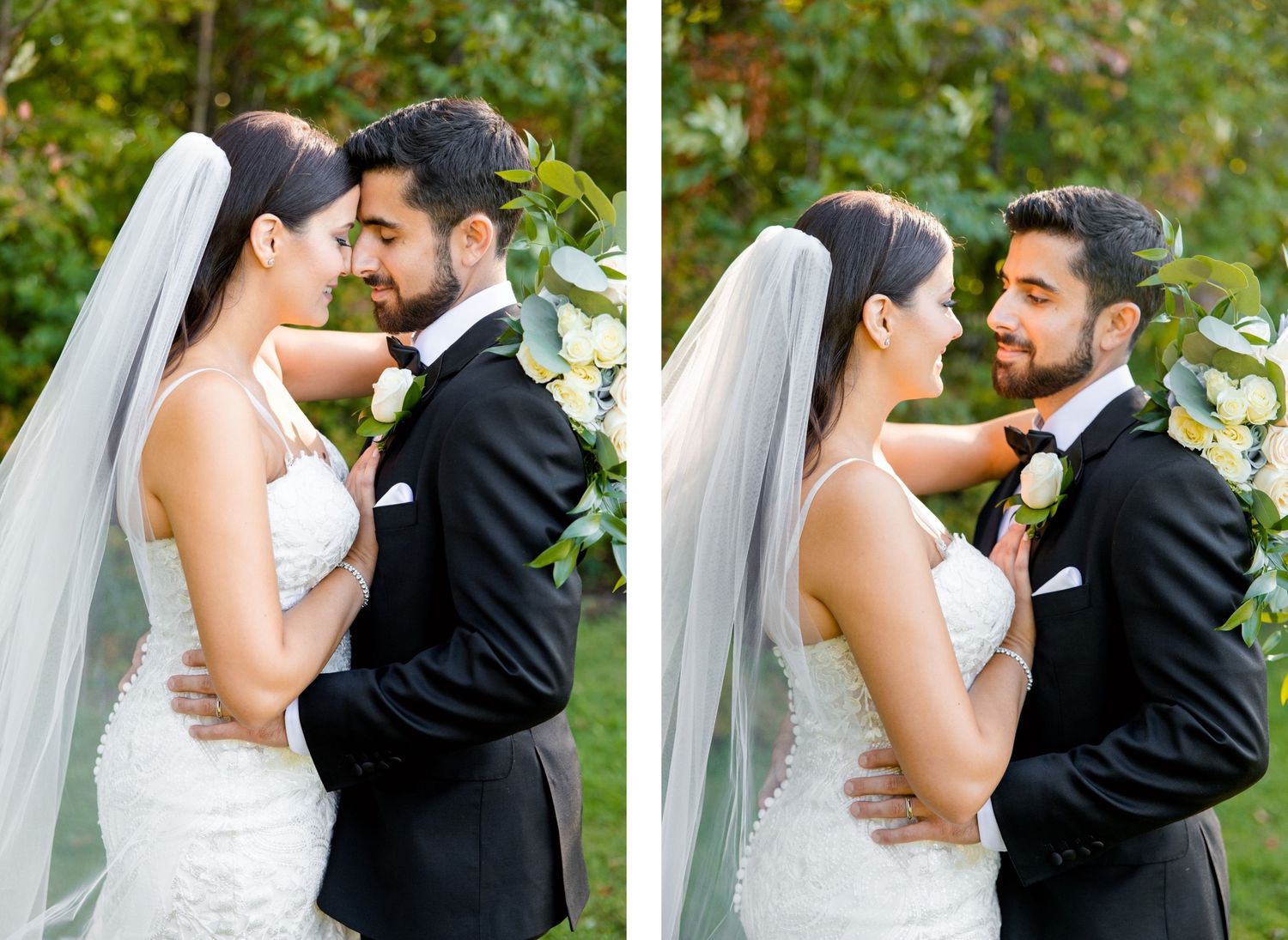 Close-up wedding portraits show intimate moments between couple outdoors.