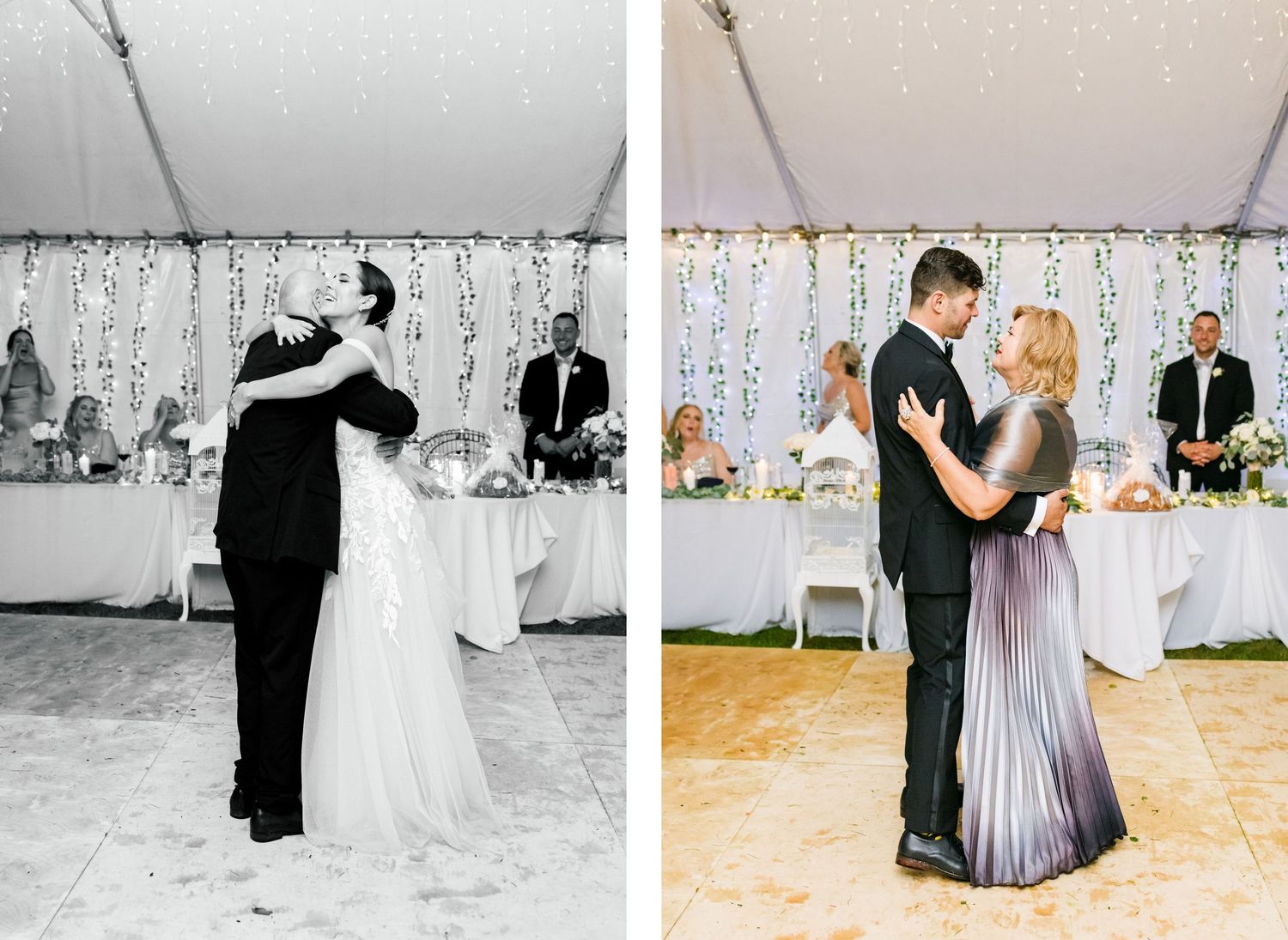 Side by side black and white and color photos of dance moments at wedding reception.