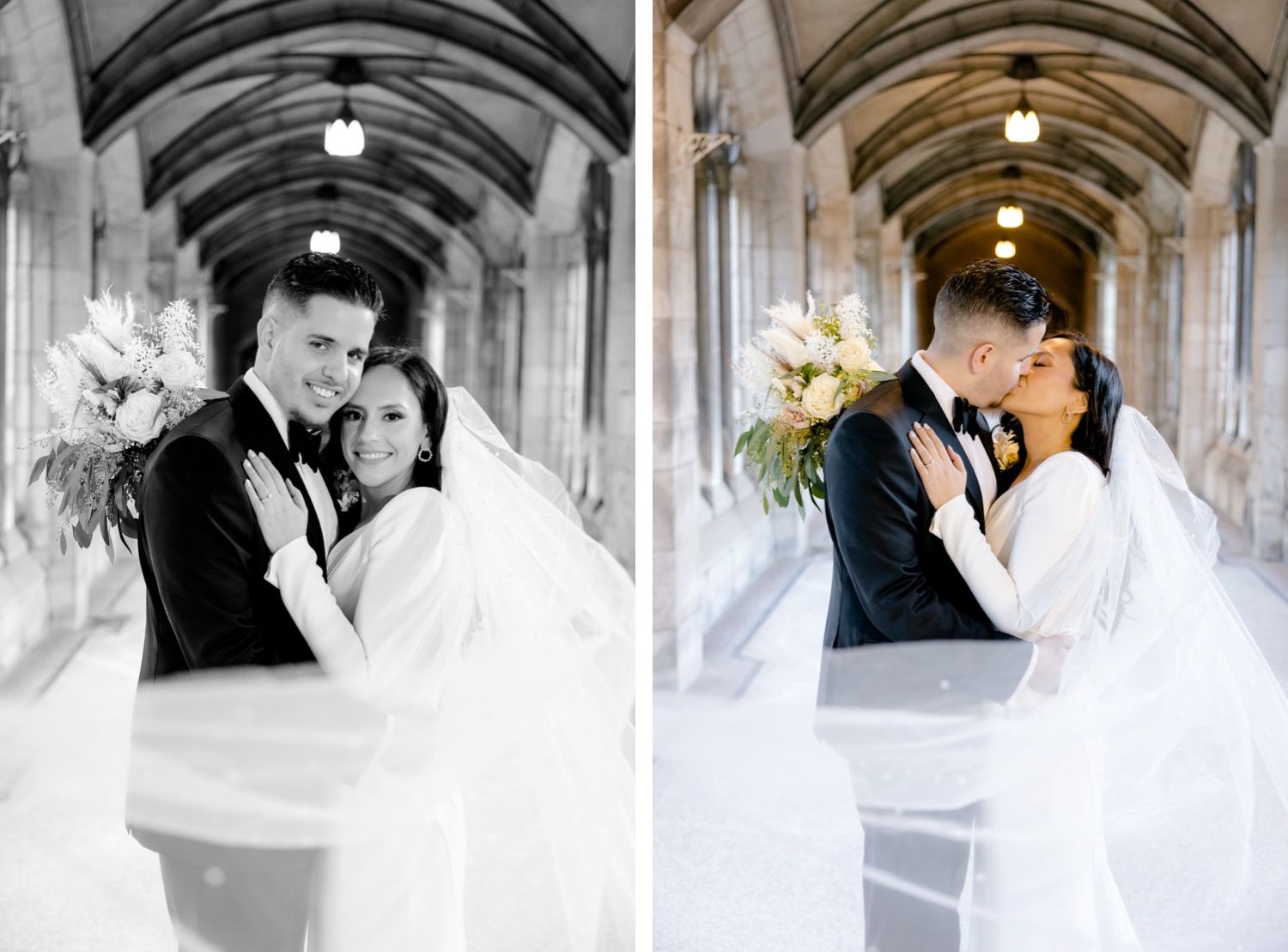 Romantic wedding photo in black and white showcasing a couple embracing under an arched hallway.