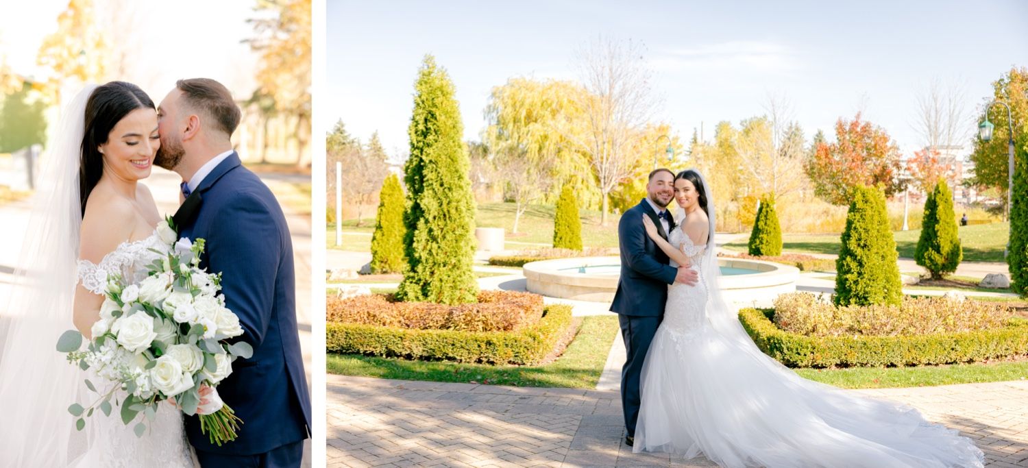 Beautiful outdoor wedding portraits captured in garden with manicured cypress trees.