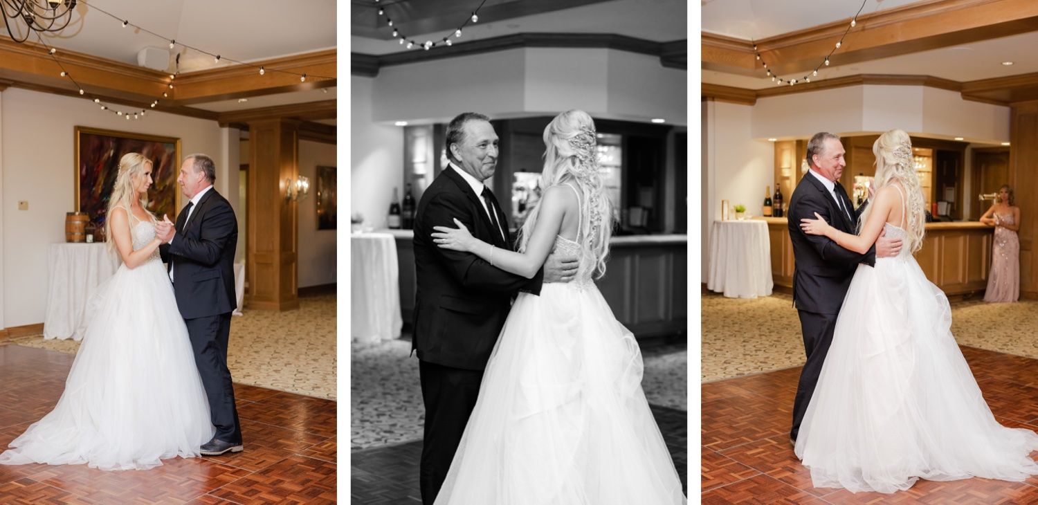 Three wedding dance photos showing a couple in formal attire, with one in black and white.