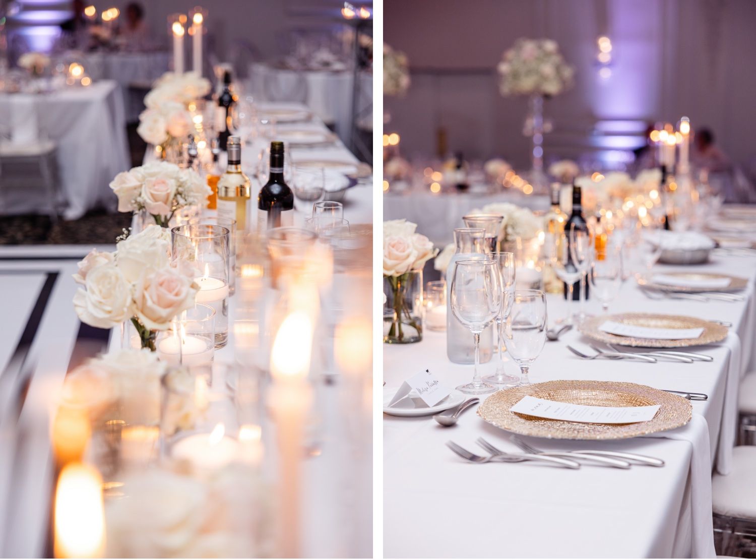 Elegant wedding reception table with white linens, candlelight, and floral centerpieces.