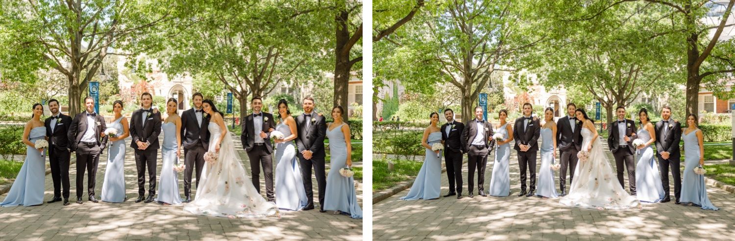 Formal wedding party lineup beneath a canopy of spring trees on a bright day.